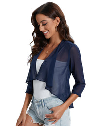 Garvee Bolero estivo da donna in chiffon, cardigan, manica 3/4, blu navy, elegante e leggero, taglia XL