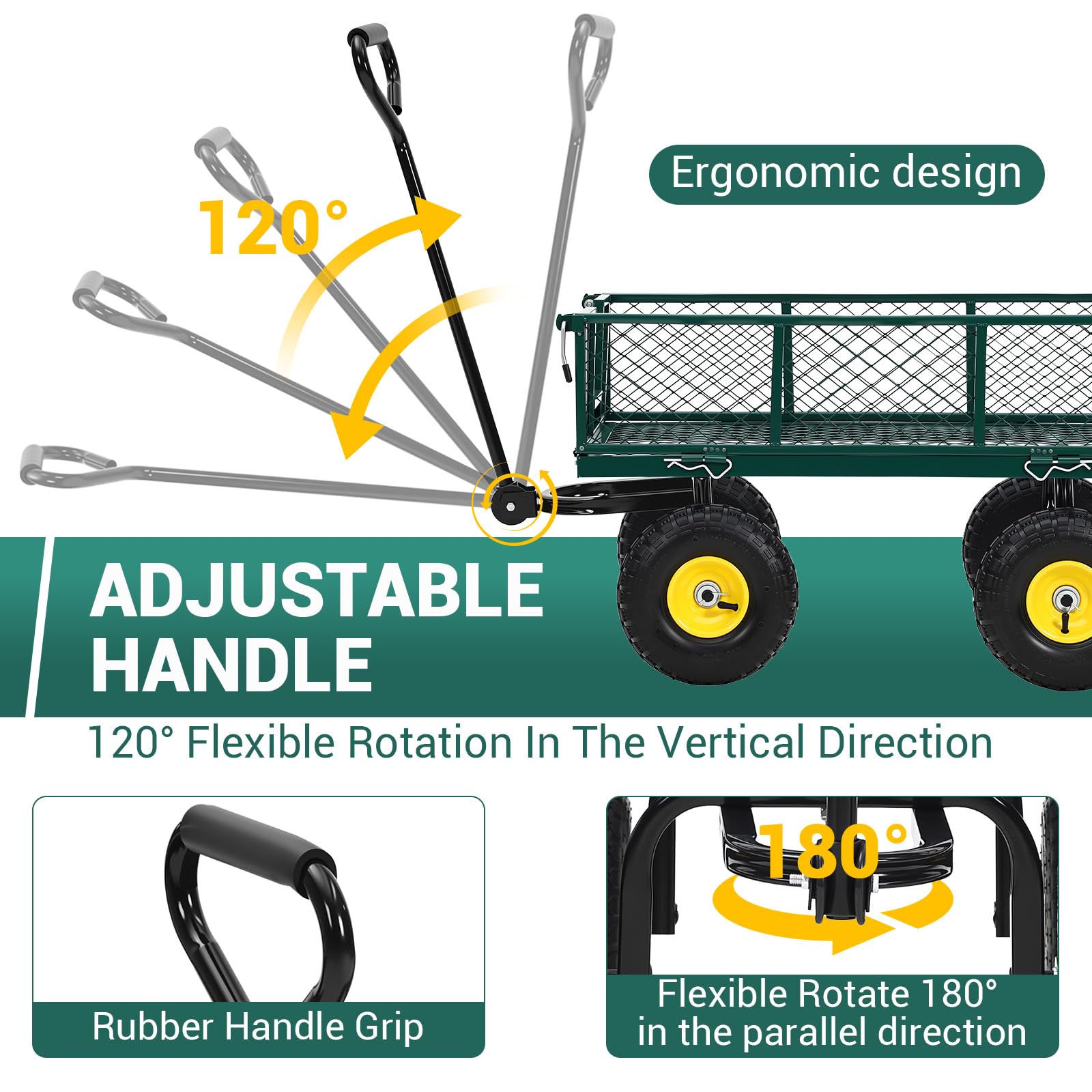 Carrello da Giardino in Acciaio Garvee per Festa del Papà | 550 libbre, Maniglia 180° Girevole, Ruote Pneumatiche 10", Lati Rimovibili, Nero