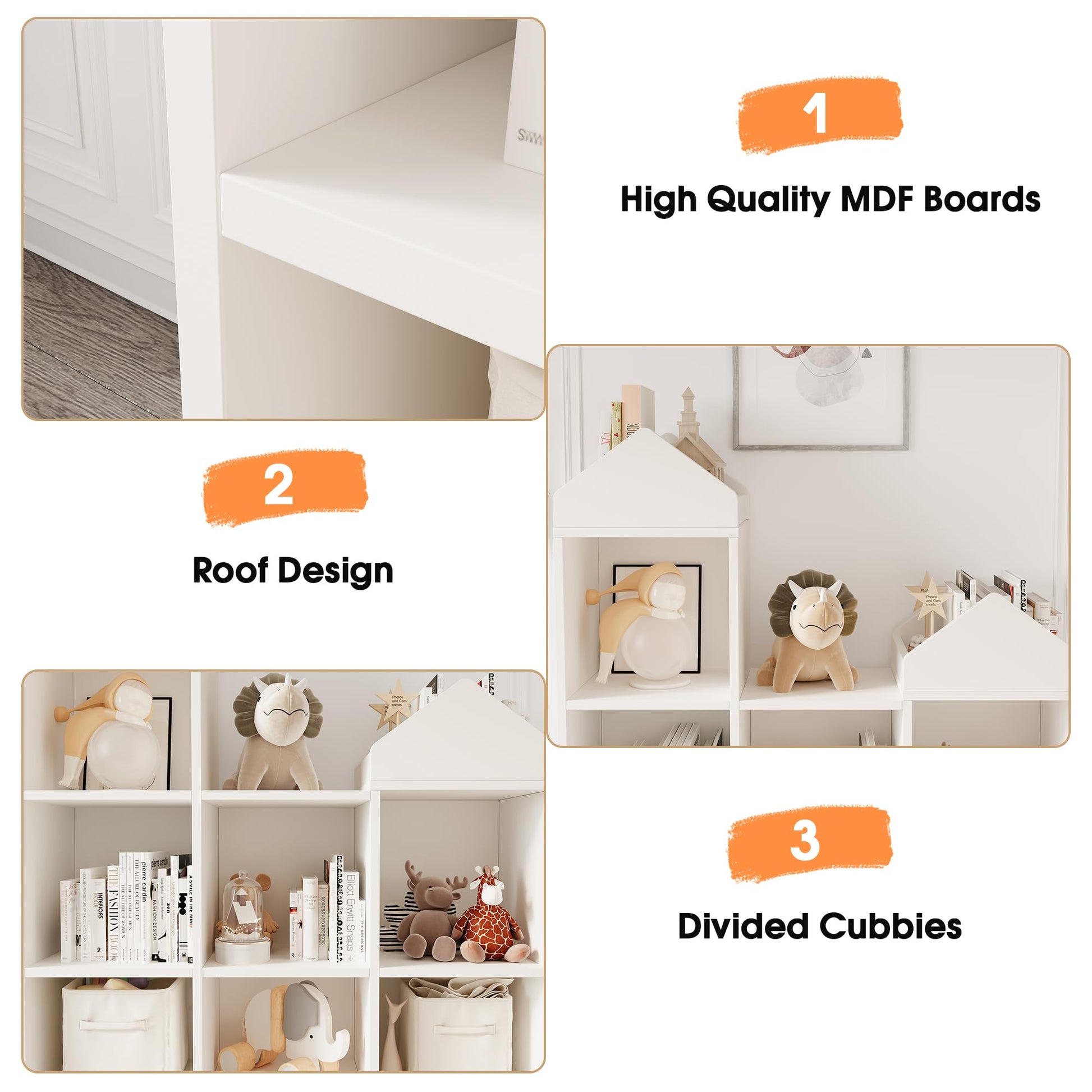 Scaffale portaoggetti Garvee, 7 scomparti, a forma di tetto, robusto, in legno, bianco, per sala giochi/cameretta dei bambini, 42x36x12 pollici