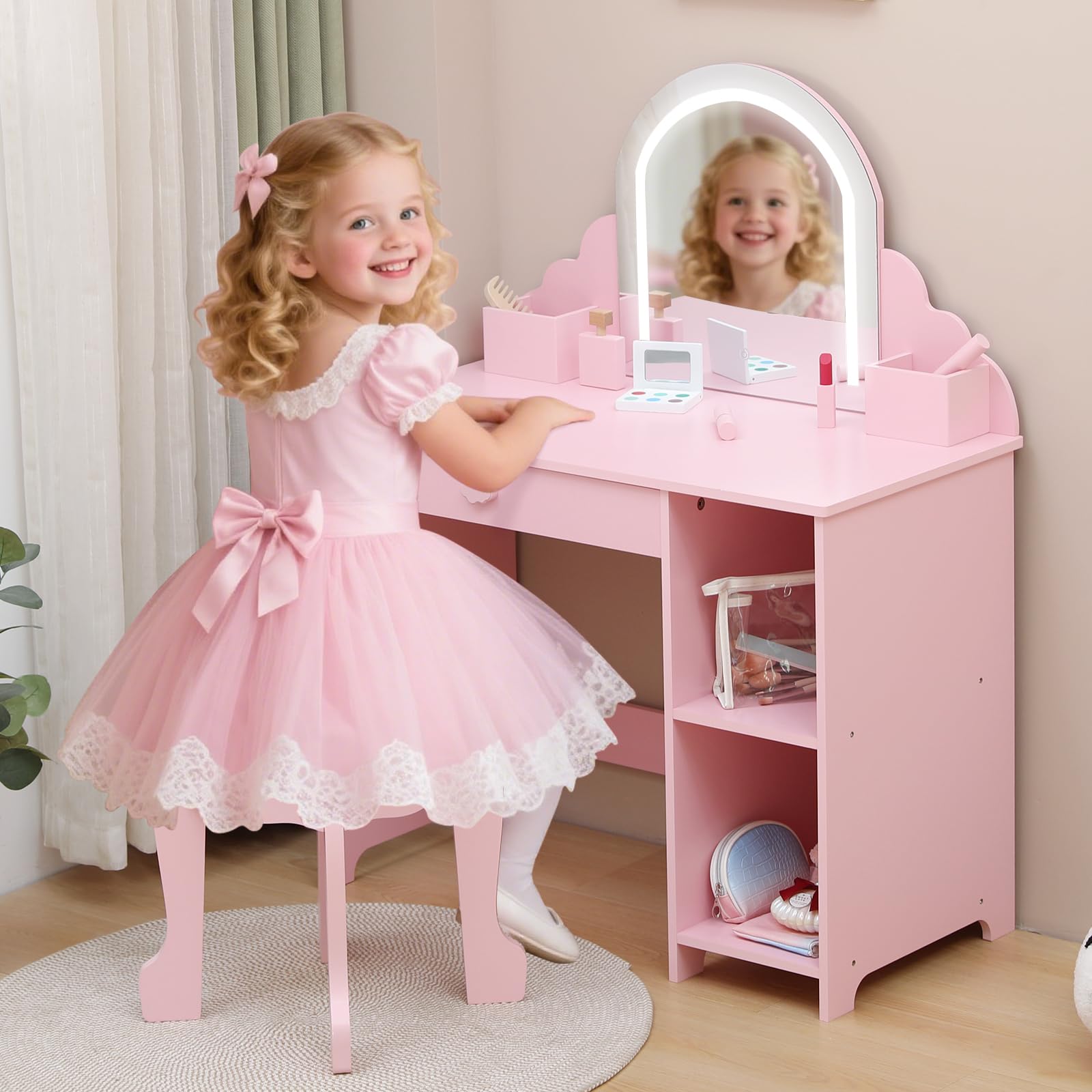 Tavolo da toeletta per bambini Garvee con luce LED e sgabello, regolabile, MDF, spazio di archiviazione, rosa, per bambine dai 3 ai 9 anni, sala giochi e camera da letto