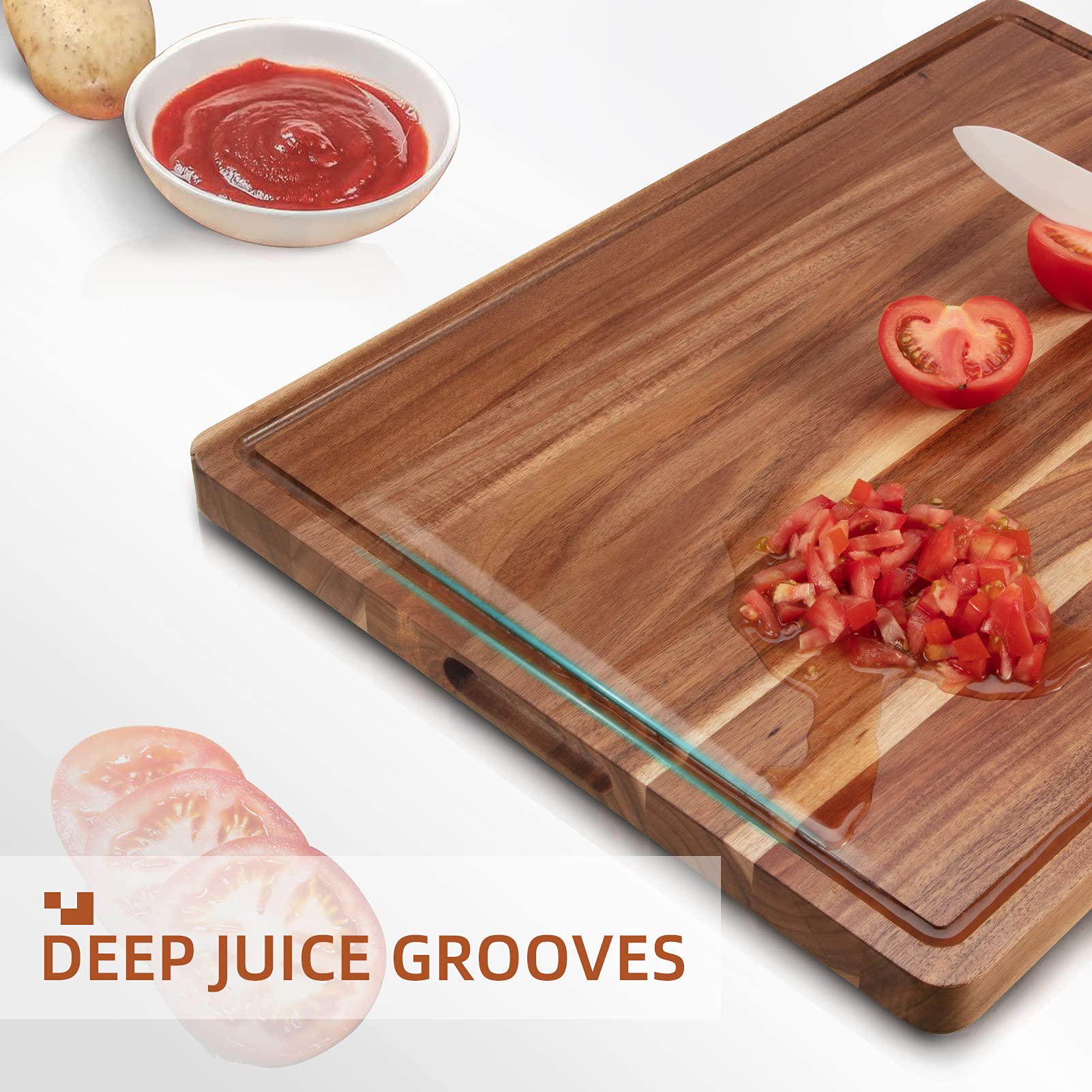 Tagliere in legno di acacia Garvee 60 x 45 x 3 cm con scanalatura per il succo – Utilizzabile su entrambi i lati, robusto e versatile per la cucina e il divertimento