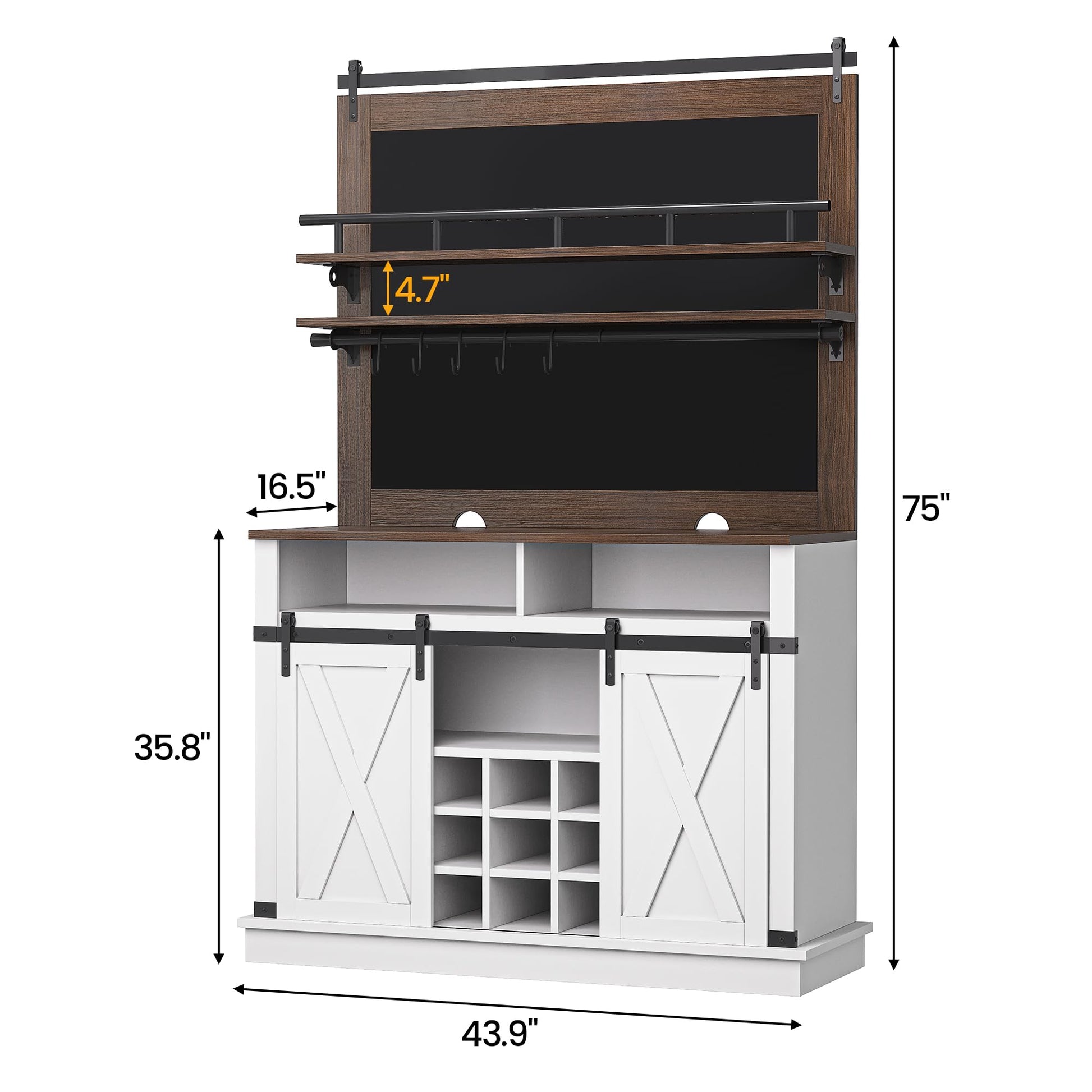 Mobiletto da caffè alto Garvee da 75" con ante scorrevoli, ampio spazio per riporre gli oggetti da cucina, in legno MDF e metallo, rovere bianco, per sala da pranzo e soggiorno