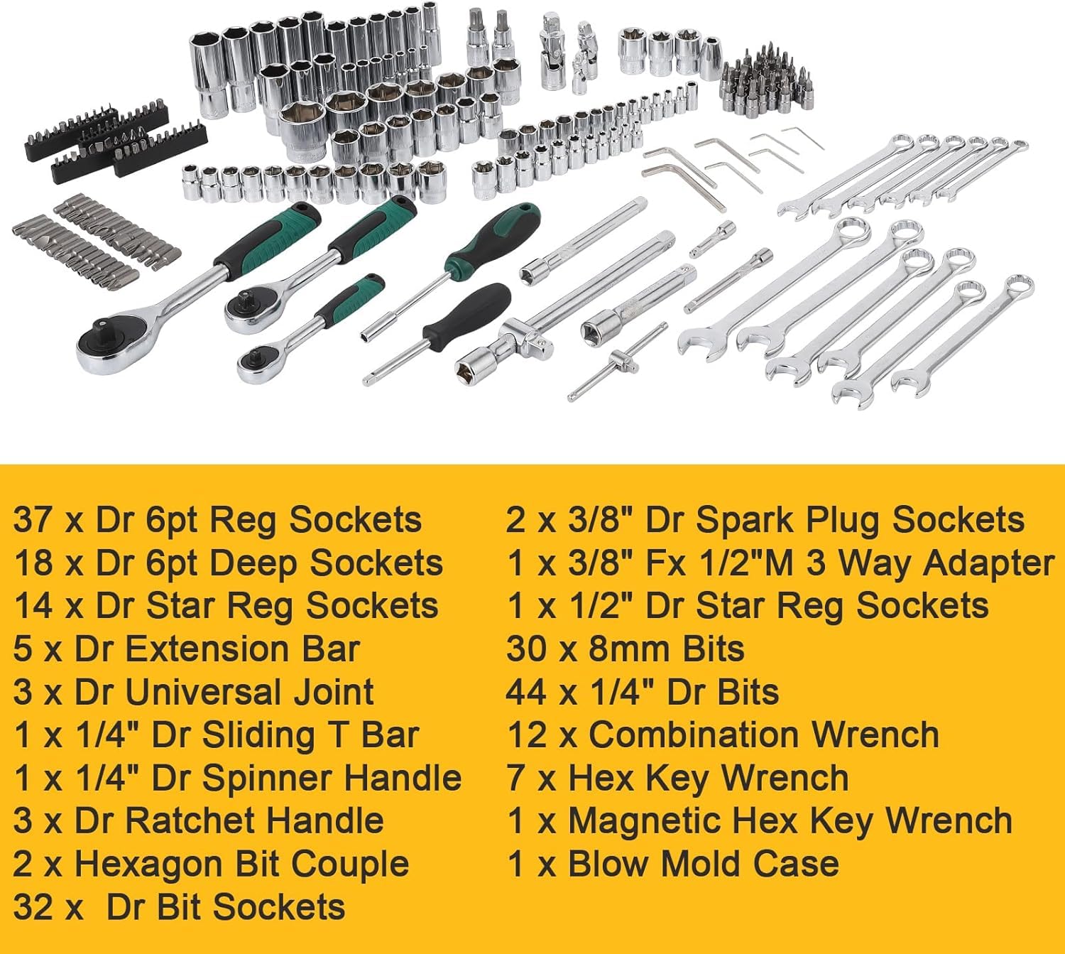 Set di utensili Garvee da 216 pezzi con attacco da 1/4", 3/8" e 1/2", cricchetto a cambio rapido a 72 denti, custodia robusta per riparazioni auto e domestiche