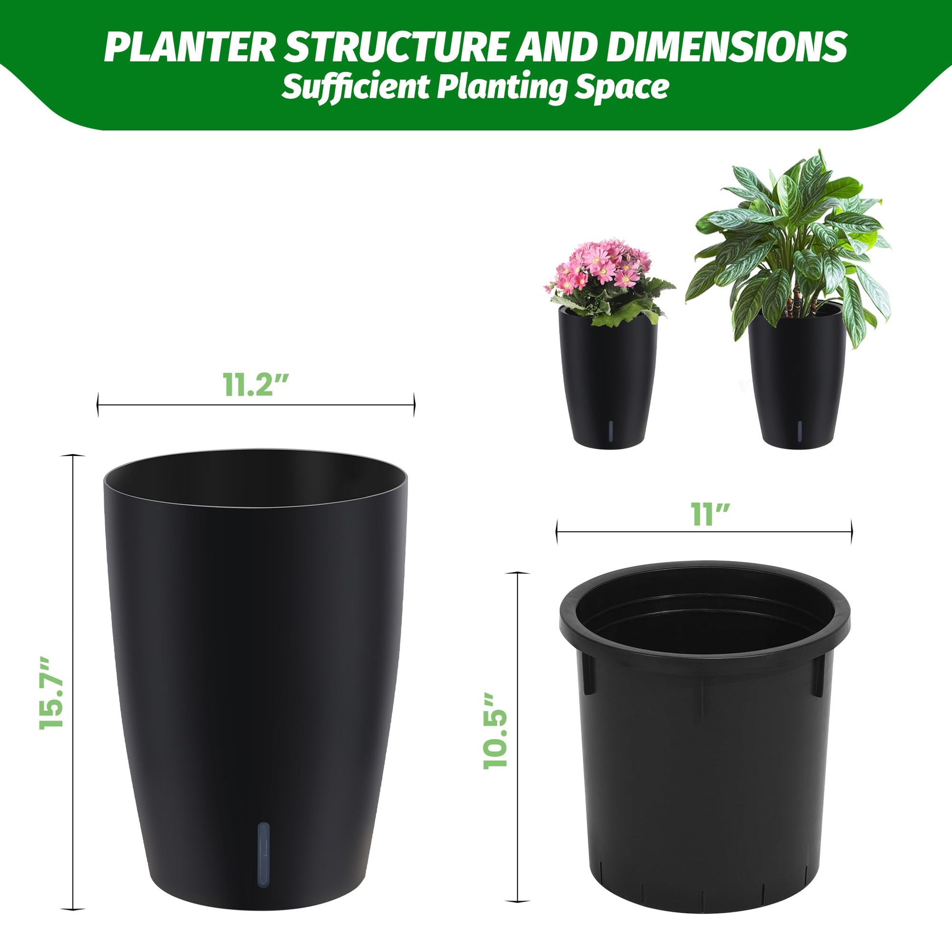 Set di fioriere autoirriganti Garvee alte 16" con indicatore del livello dell'acqua visibile per interni e patio, nere, robuste e ventilate
