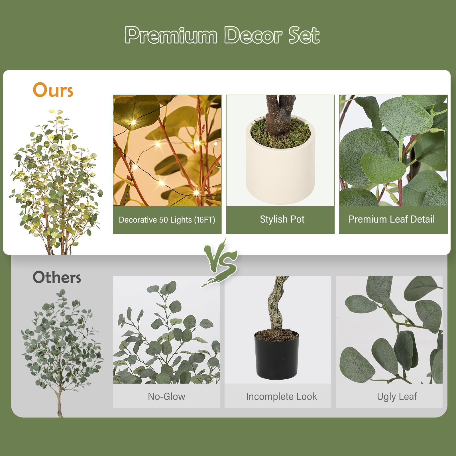 Albero di eucalipto artificiale Garvee da 6 piedi con 50 luci a LED, rami in filo metallico, vaso di plastica per interni ed eventi, bianco