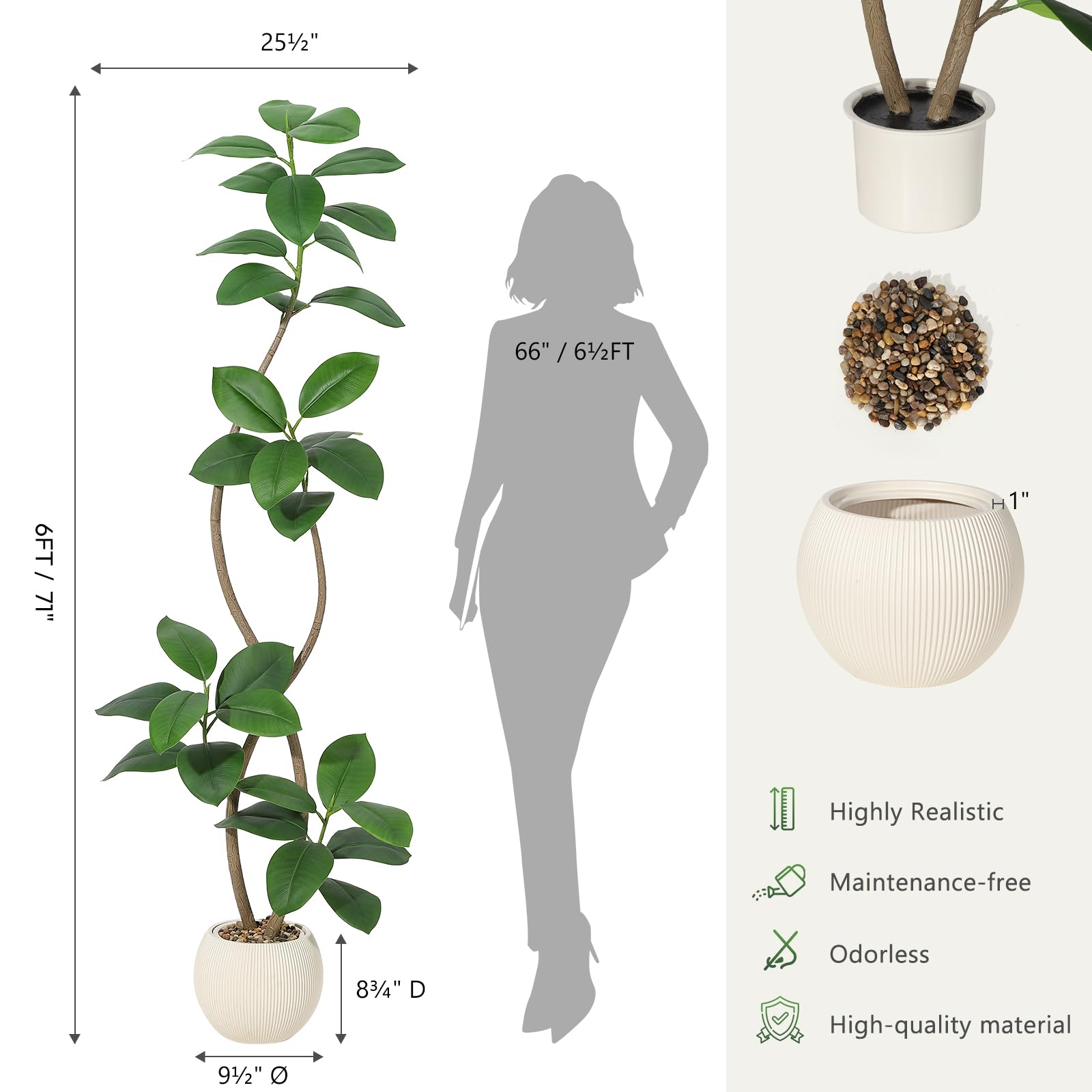Albero di gomma artificiale Garvee da 6 piedi con fioriera in resina a sfera bianco sporco per soggiorno e ufficio, resistente ai raggi UV, foglie realistiche, durevole, beige
