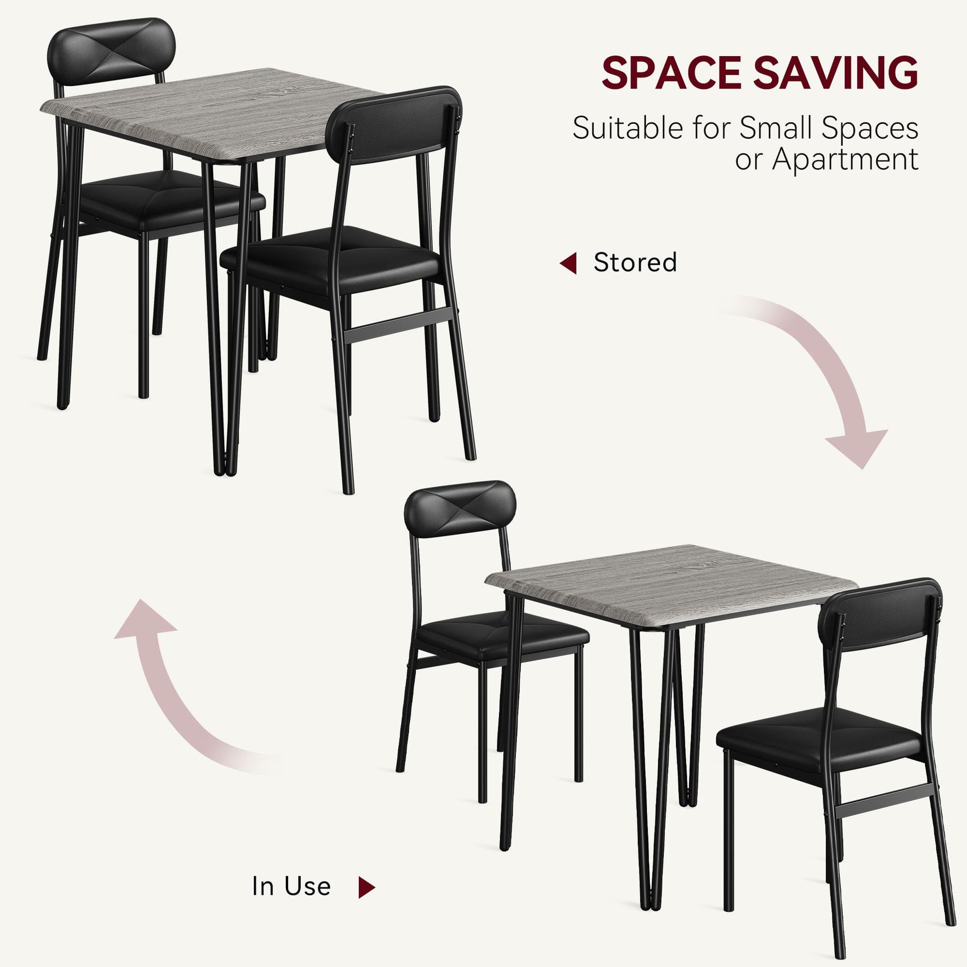 Set da pranzo Garvee per 2 persone con sedie imbottite, MDF e metallo, compatto per piccoli spazi, grigio vintage nero