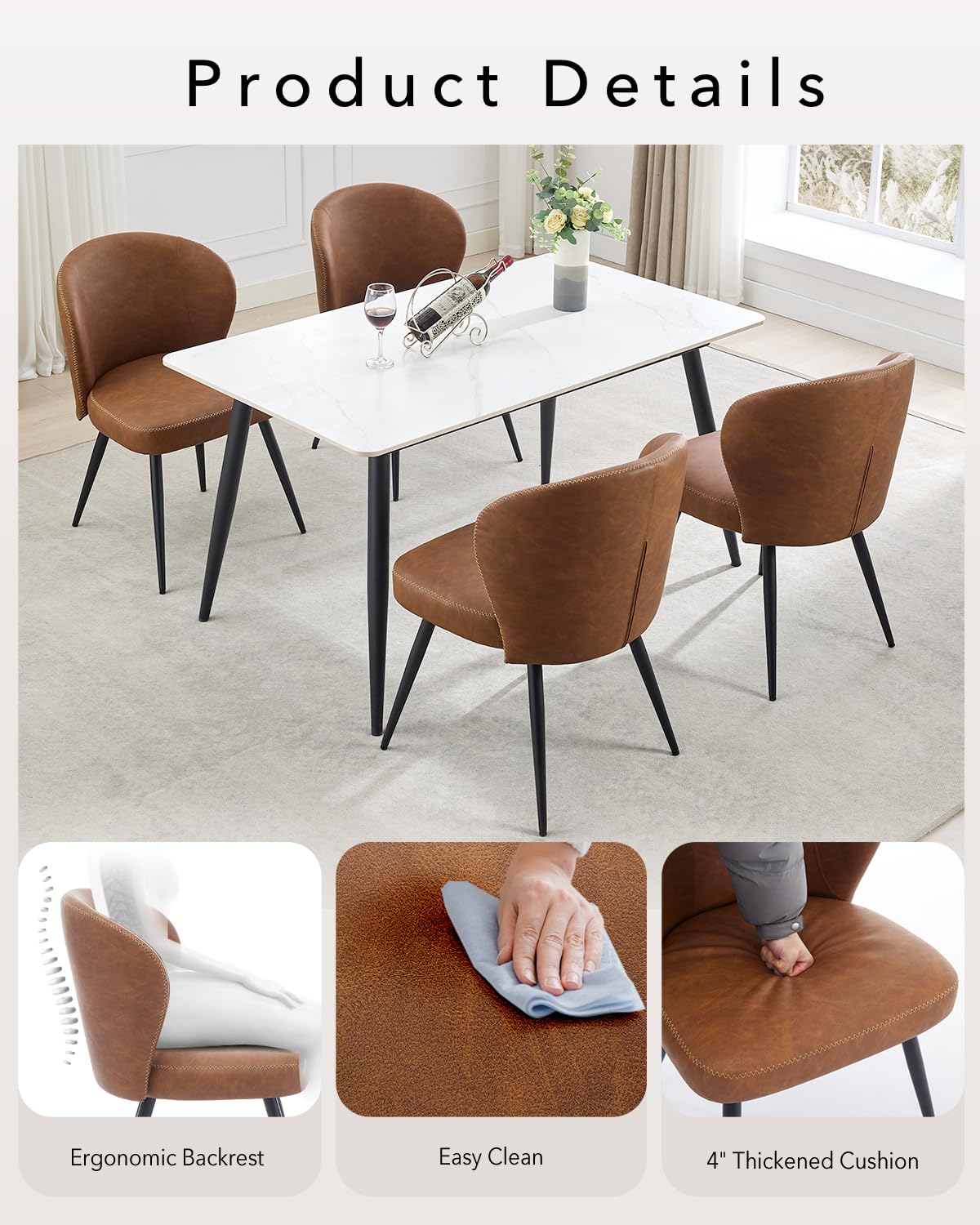 Garvee Set di 2 sedie da pranzo imbottite con gambe in acciaio e schienale alto in pelle per cucina e sala da pranzo, 23,2 pollici, marrone