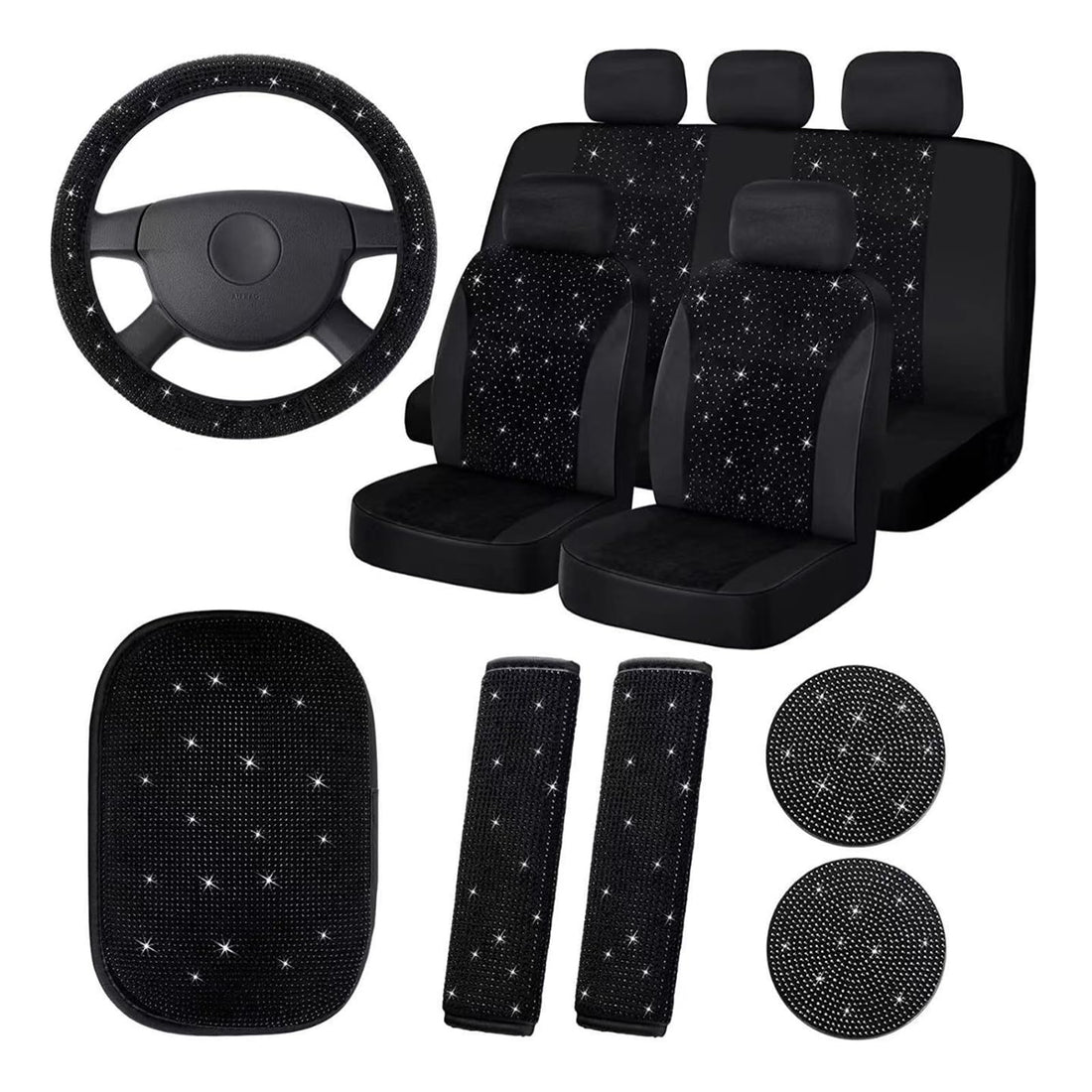 Garvee - Set di 15 coprisedili auto scintillanti per donna con coprivolante in cristallo, vellutati e traspiranti, universali, con console centrale, per uso quotidiano ed eventi
