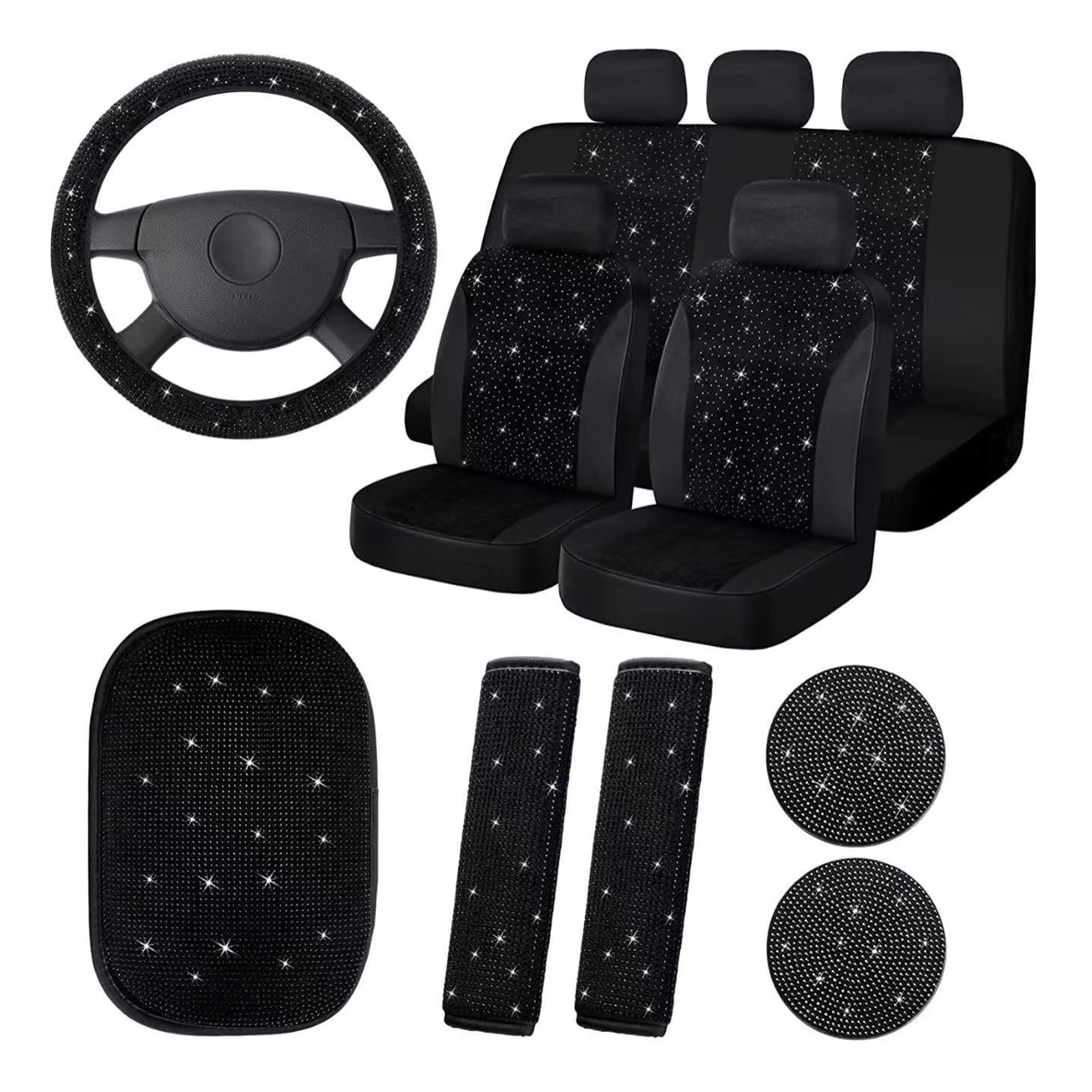 Garvee - Set di 15 coprisedili auto scintillanti per donna con coprivolante in cristallo, vellutati e traspiranti, universali, con console centrale, per uso quotidiano ed eventi