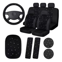 Garvee - Set di 15 coprisedili auto scintillanti per donna con coprivolante in cristallo, vellutati e traspiranti, universali, con console centrale, per uso quotidiano ed eventi