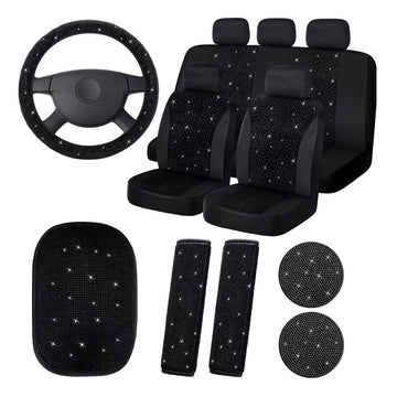 Garvee - Set di 15 coprisedili auto scintillanti per donna con coprivolante in cristallo, vellutati e traspiranti, universali, con console centrale, per uso quotidiano ed eventi