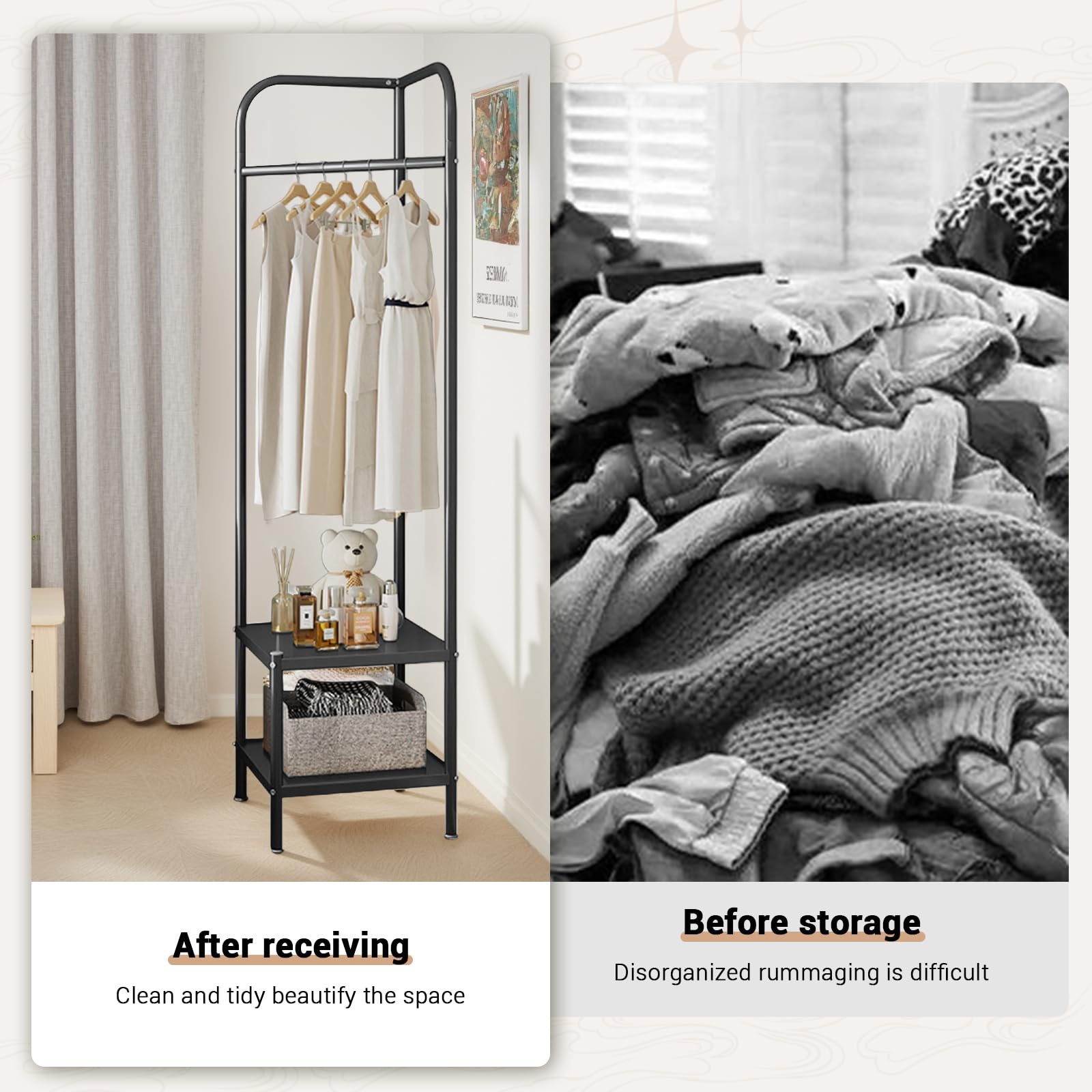 Appendiabiti angolare Garvee, in metallo, nero, per corridoio, soggiorno, ufficio, moderno, antiruggine, 2 ripiani, 1 asta