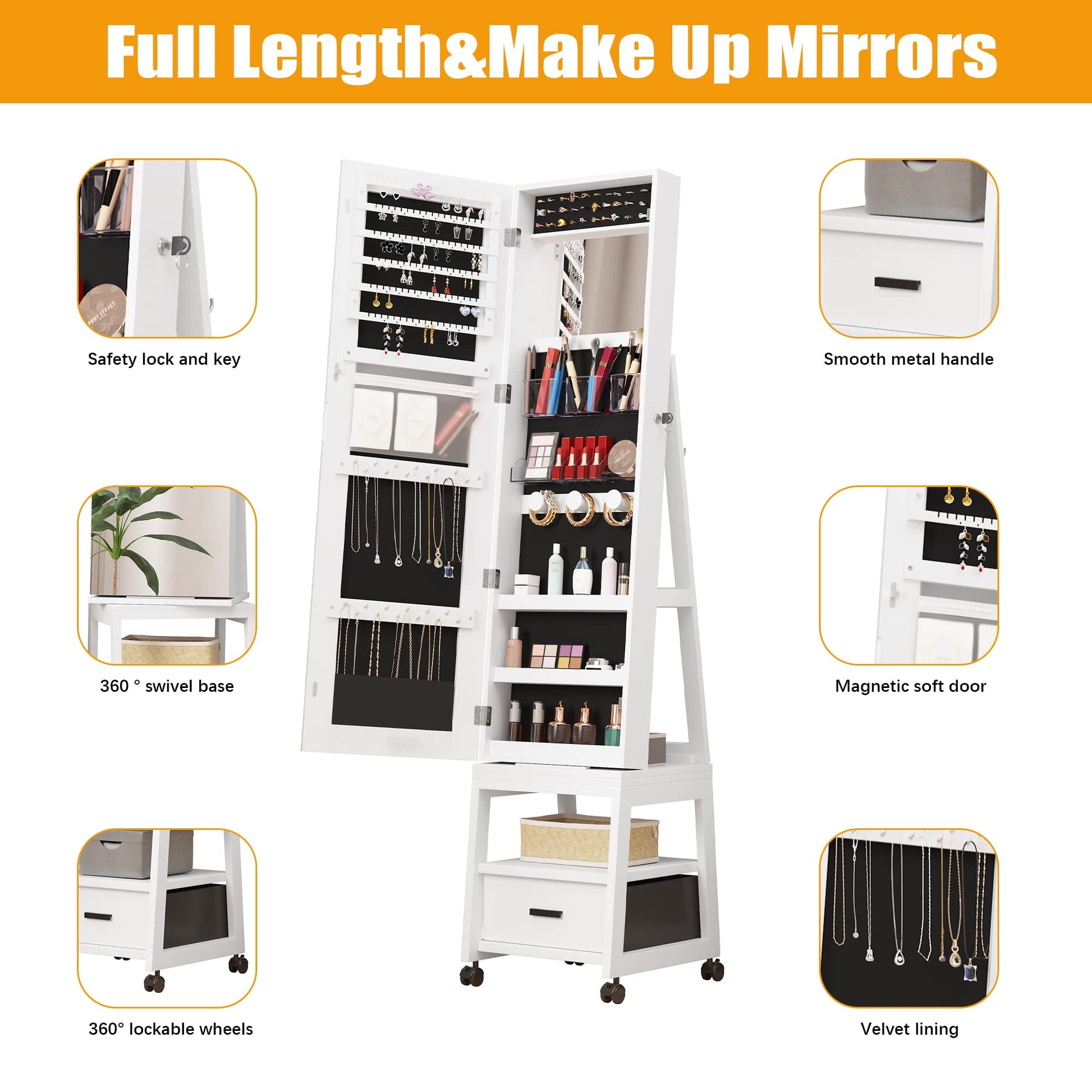 Mobiletto portagioie Garvee, specchio per il trucco con rotazione a 360°, in legno, bloccabile, con rotelle, grande capacità, bianco, soggiorno, camera da letto