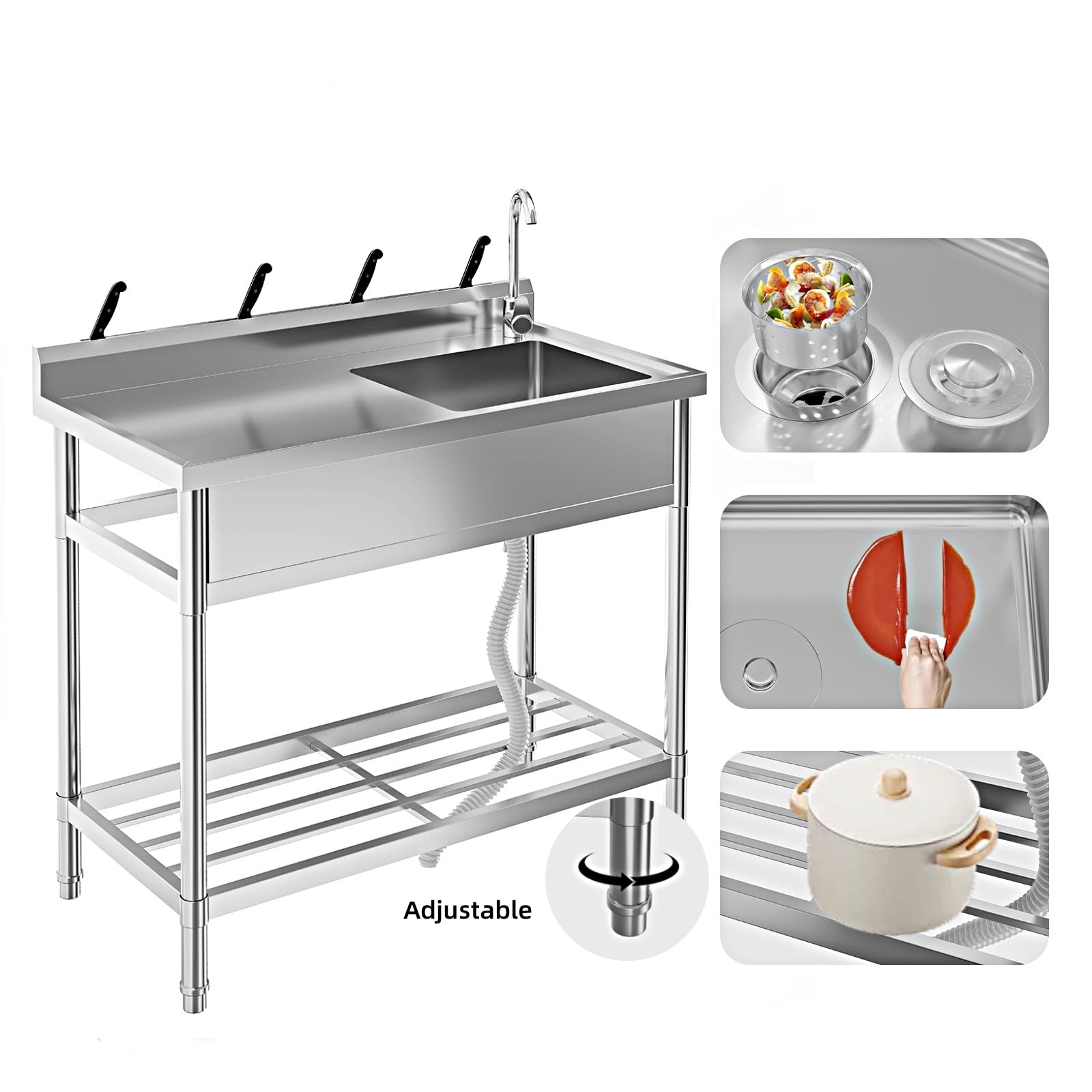Lavello multiuso Garvee in acciaio inox da 39" con vasca singola indipendente e scolapiatti per cucina e giardino, rubinetto girevole a 360°, antiruggine, argento