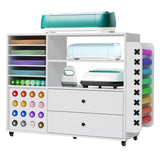 Garvee Tavolo da Lavoro per Hobby con 2 Cassetti e Porta Rotoli, Organizzatore in MDF Bianco, per Laboratori Creativi, 106 cm L x 36 cm P x 87 cm A