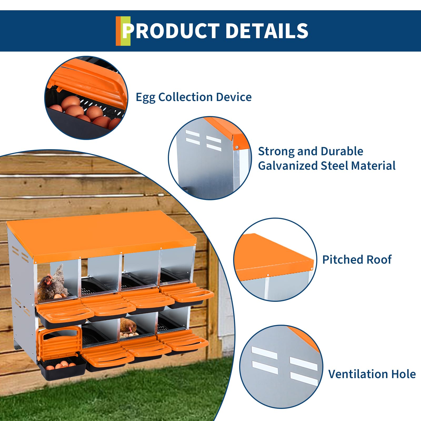 Nido per polli Garvee a 2 piani con 8 scomparti, in metallo, tetto impermeabile, base antiscivolo, arrotolabile per pollaio e pollame, robusto, pratico, ventilato