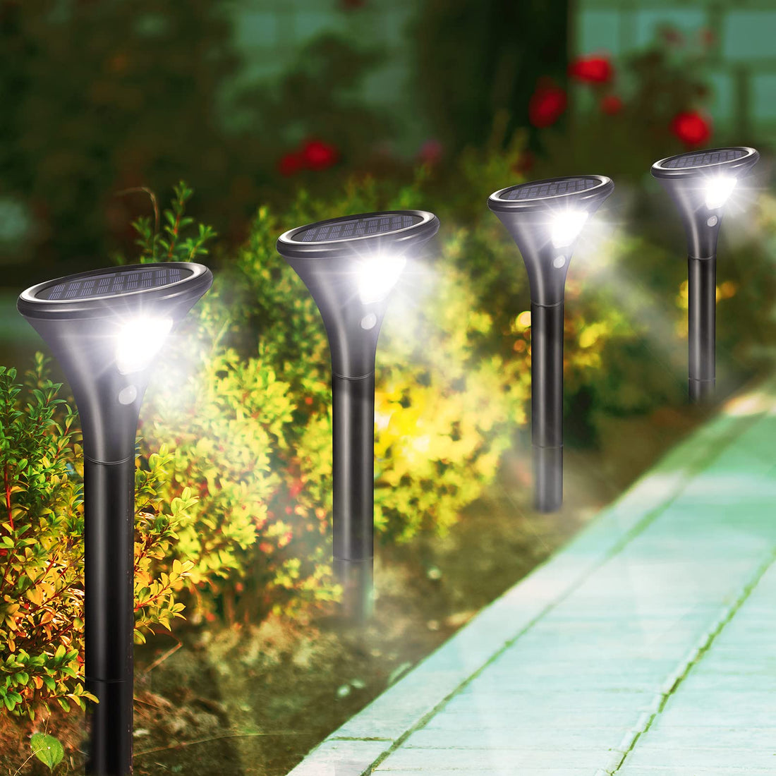 Garvee Luci Solari Da Giardino 4 Pezzi Con Sensore Movimento, ABS Resistente, IP65 Impermeabile, Altezza Regolabile, Per Esterni E Percorsi, Nero