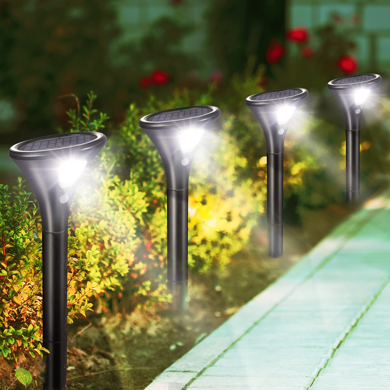Garvee Luci Solari Da Giardino 4 Pezzi Con Sensore Movimento, ABS Resistente, IP65 Impermeabile, Altezza Regolabile, Per Esterni E Percorsi, Nero