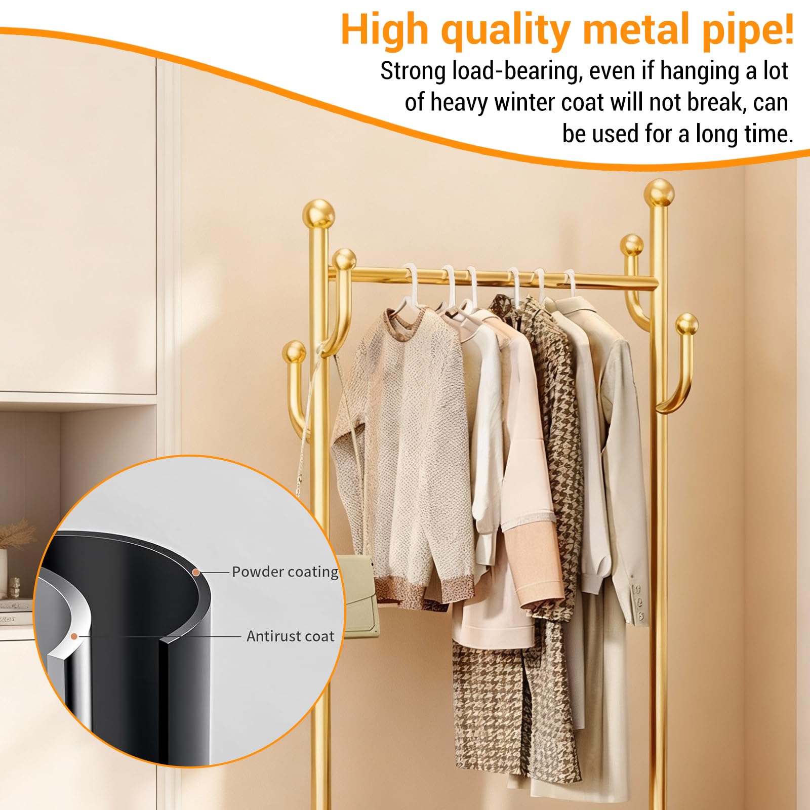 Appendiabiti a rotelle Garvee con struttura in metallo, ruote girevoli a 360°, grande cesto per camera da letto e boutique, 39,37x68,9 pollici, colore metallizzato