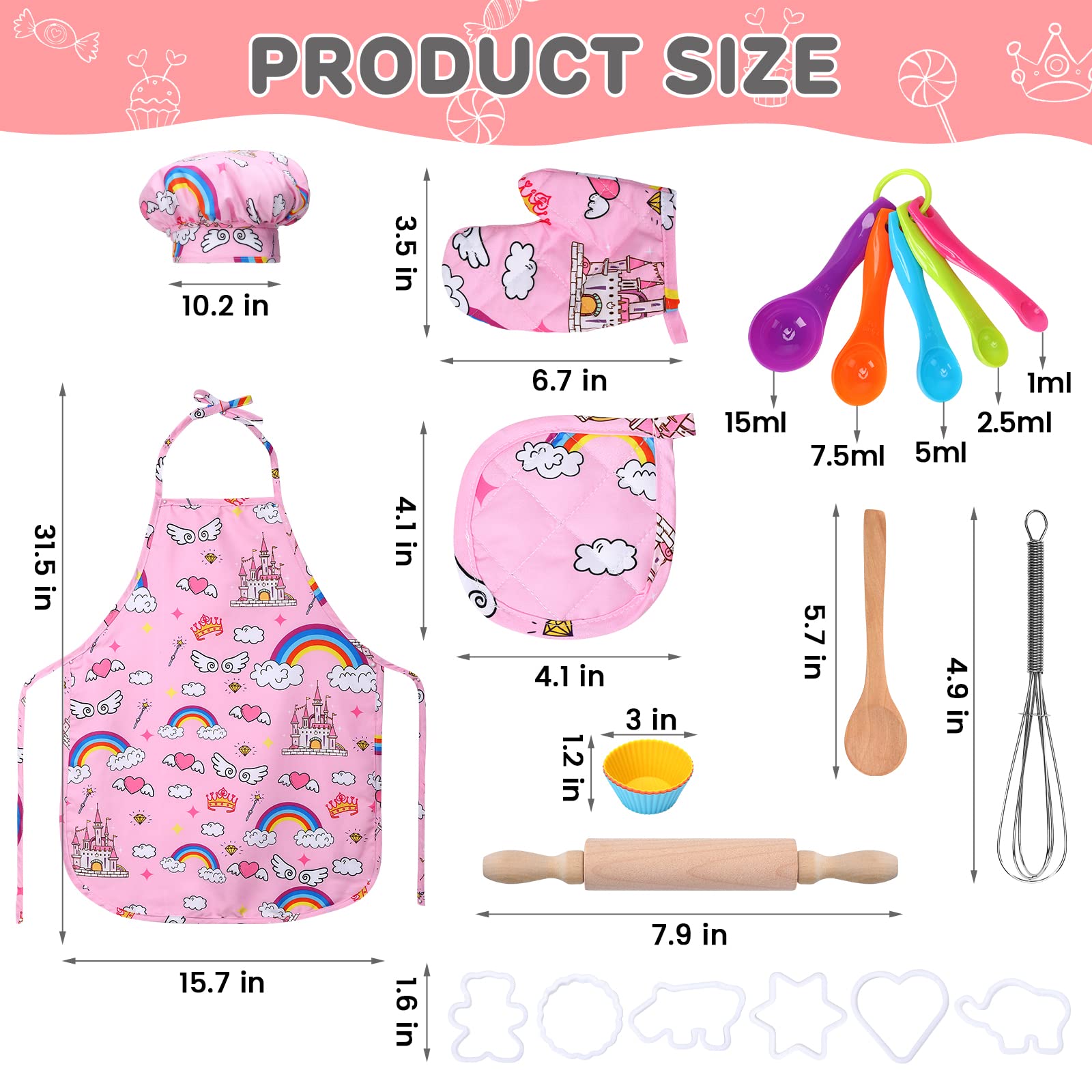 Garvee Set 2 Pezzi Costume Cucina Bambini, Schürze e Mütze in Pfirsichfleece, Rosa e Verde, Gioco di Ruolo, Regalo Perfetto