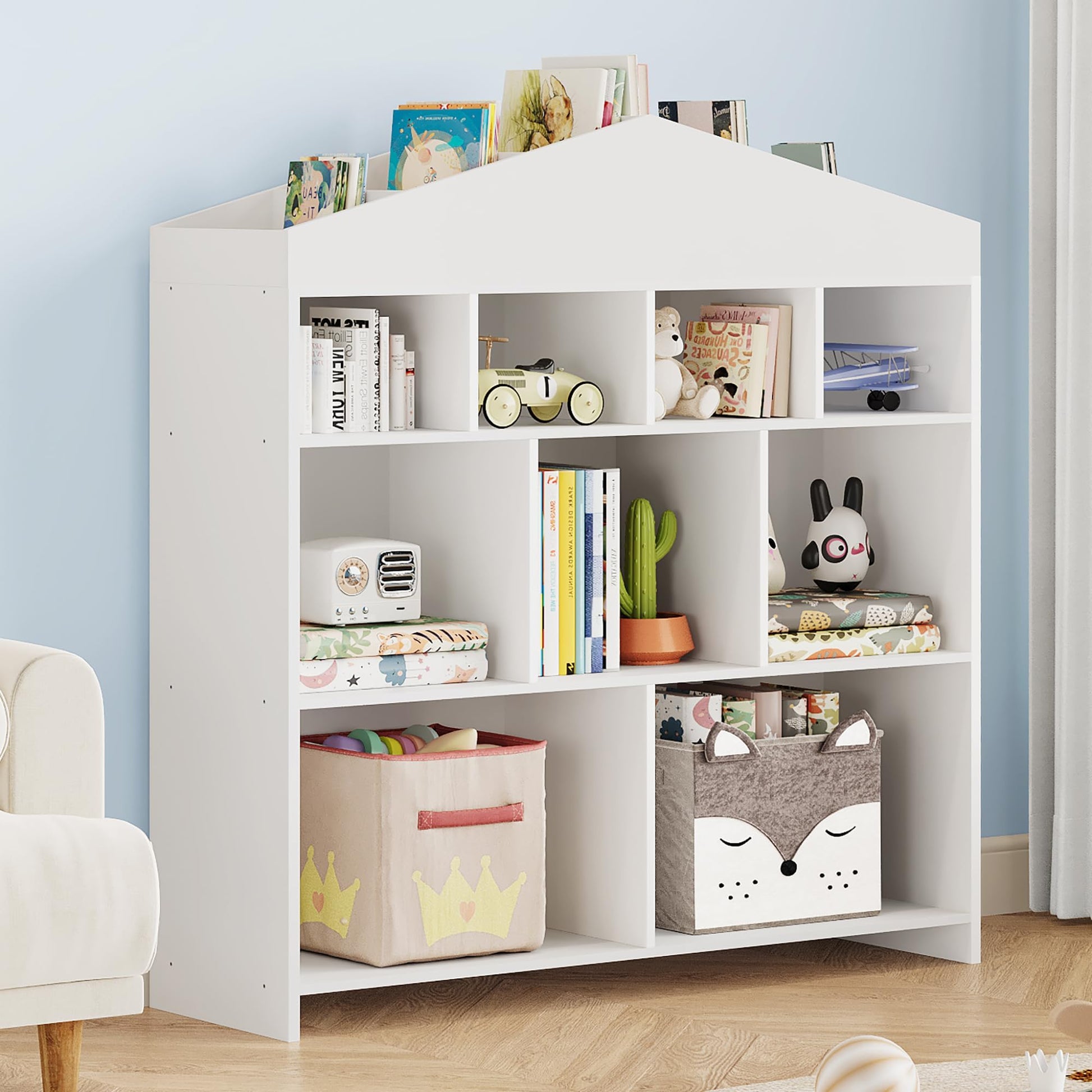 Garvee Libreria per Bambini con 9 Cubi di Stoccaggio, Organizer Giocattoli, Design a Casetta, Legno Robusto, Antiribaltamento, Facile da Pulire, per Cameretta e Asilo, 39.4x40.7x11.8 Pollici, Naturale