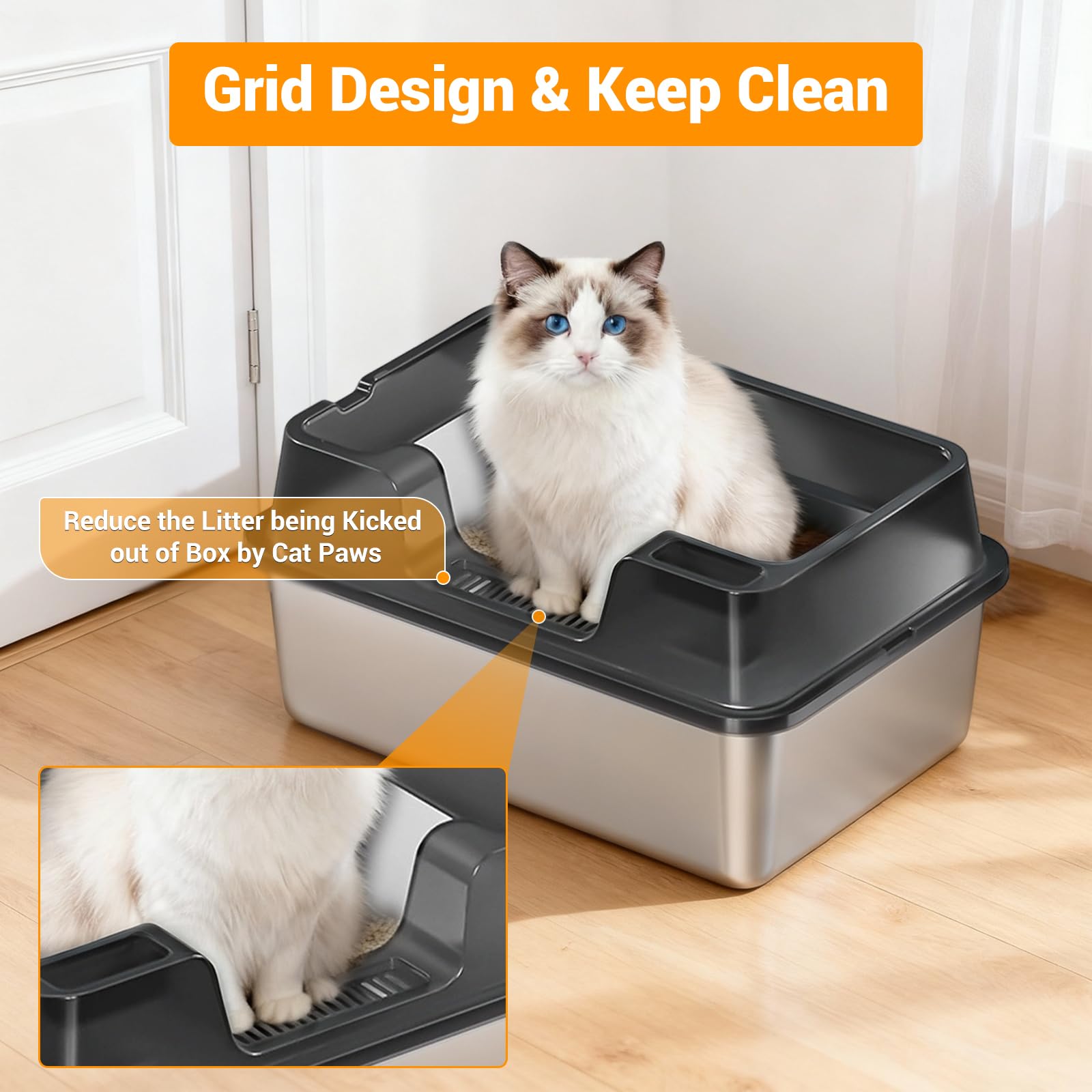 Garvee, grande lettiera per gatti in acciaio inox da 36 litri, semi-chiusa, con tappetino antiscivolo e paletta per lettiera, per famiglie con più gatti, 60x40x27 cm, nera