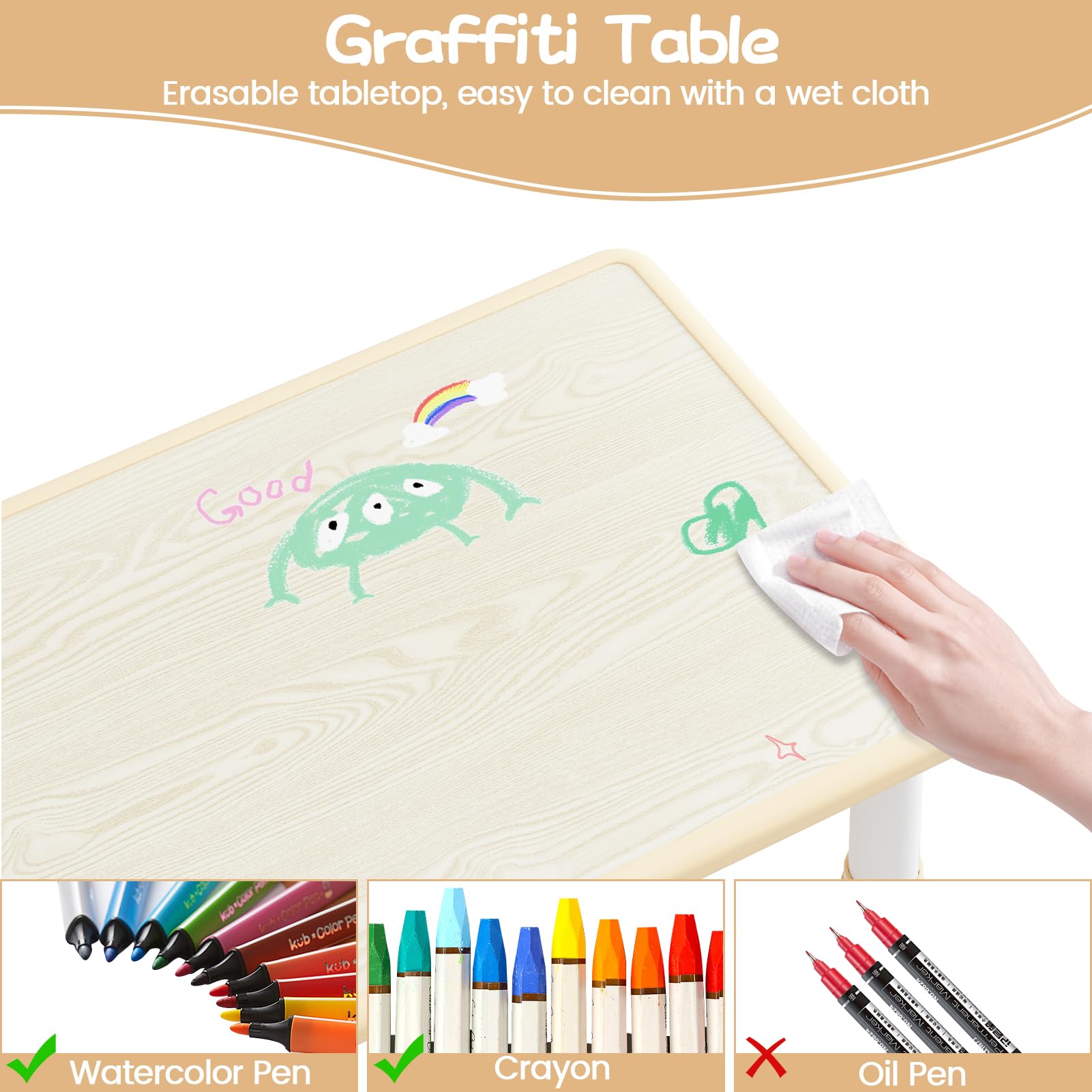 Tavolo per bambini Garvee e 2 sedie, set con piano in legno graffiti, altezza regolabile, multifunzionale, robusto, per leggere, dipingere e giocare.
