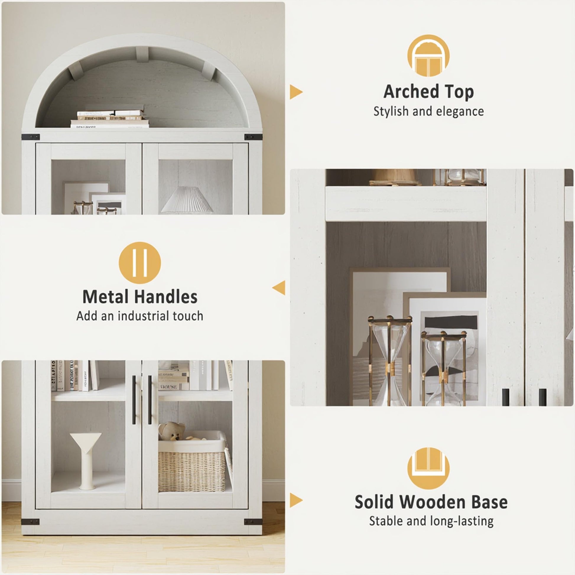 Libreria ad arco Garvee in stile rustico con ante per soggiorno e ufficio, 180 cm in legno, angoli in metallo, profondità 40 cm, robusta, eleganza moderna