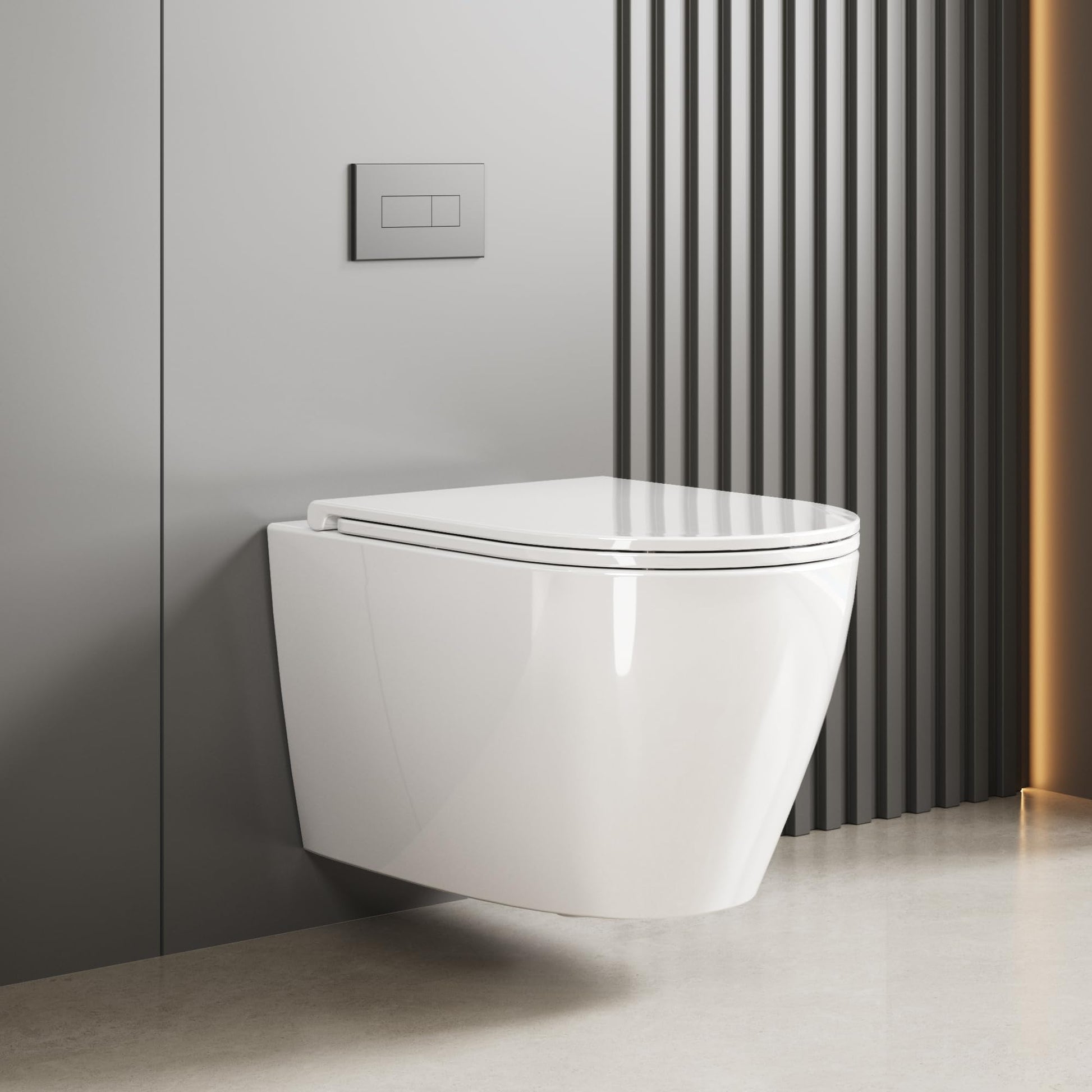 GARVEE WC Sospeso Senza Bordi Wc sospeso in ceramica, forma a D, 55,5 cm, bianco, con coperchio automatico, per bagni moderni