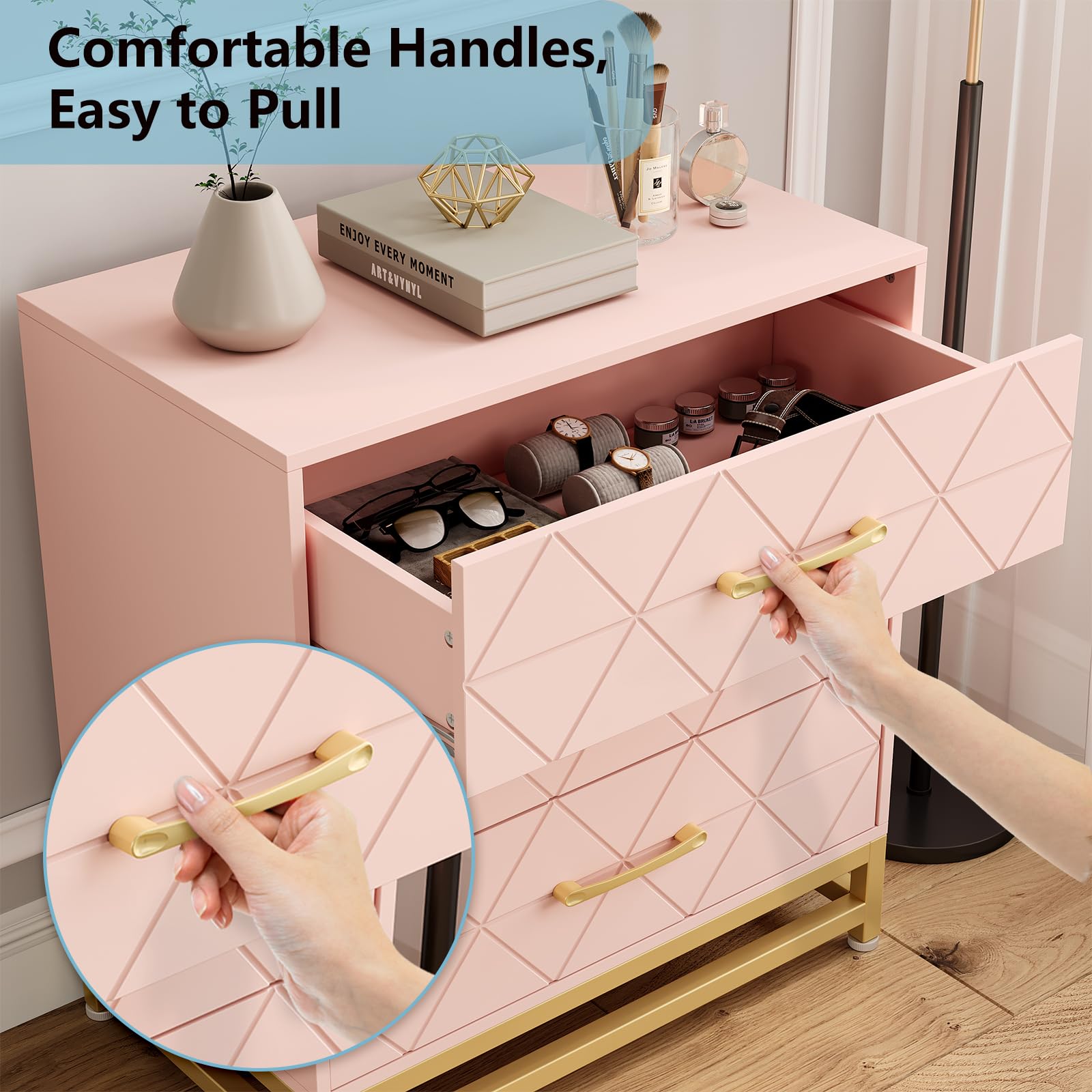 Cassettiera in legno Garvee con 3 cassetti, spazio di archiviazione, MDF rosa, antipolvere, soggiorno, camera da letto, corridoio, compatta