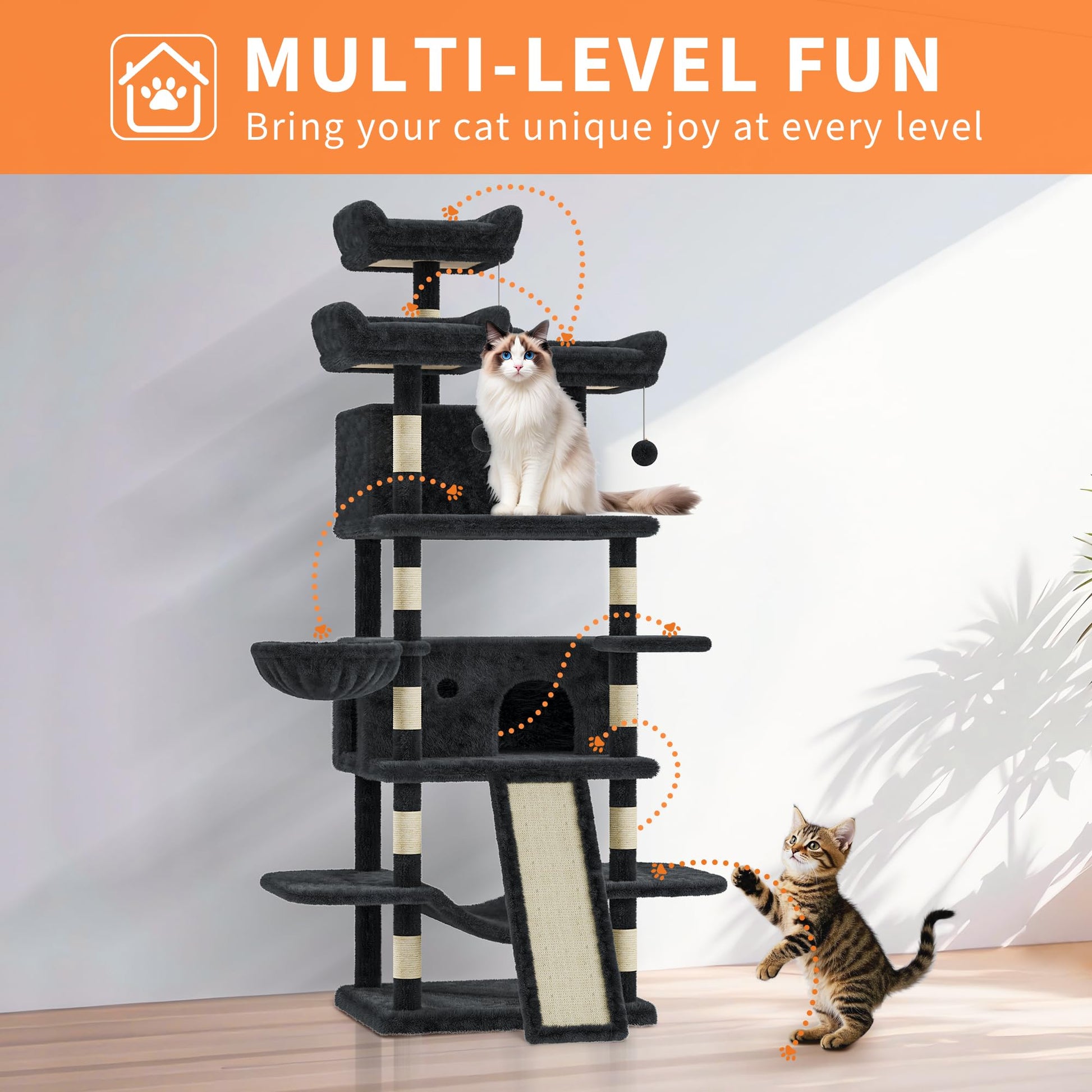Albero per gatti Garvee Large Multi-Level da 68,5 pollici per gatti di grandi dimensioni da 20 libbre in su con tiragraffi in sisal, amache, cestino, grigio scuro, per interni