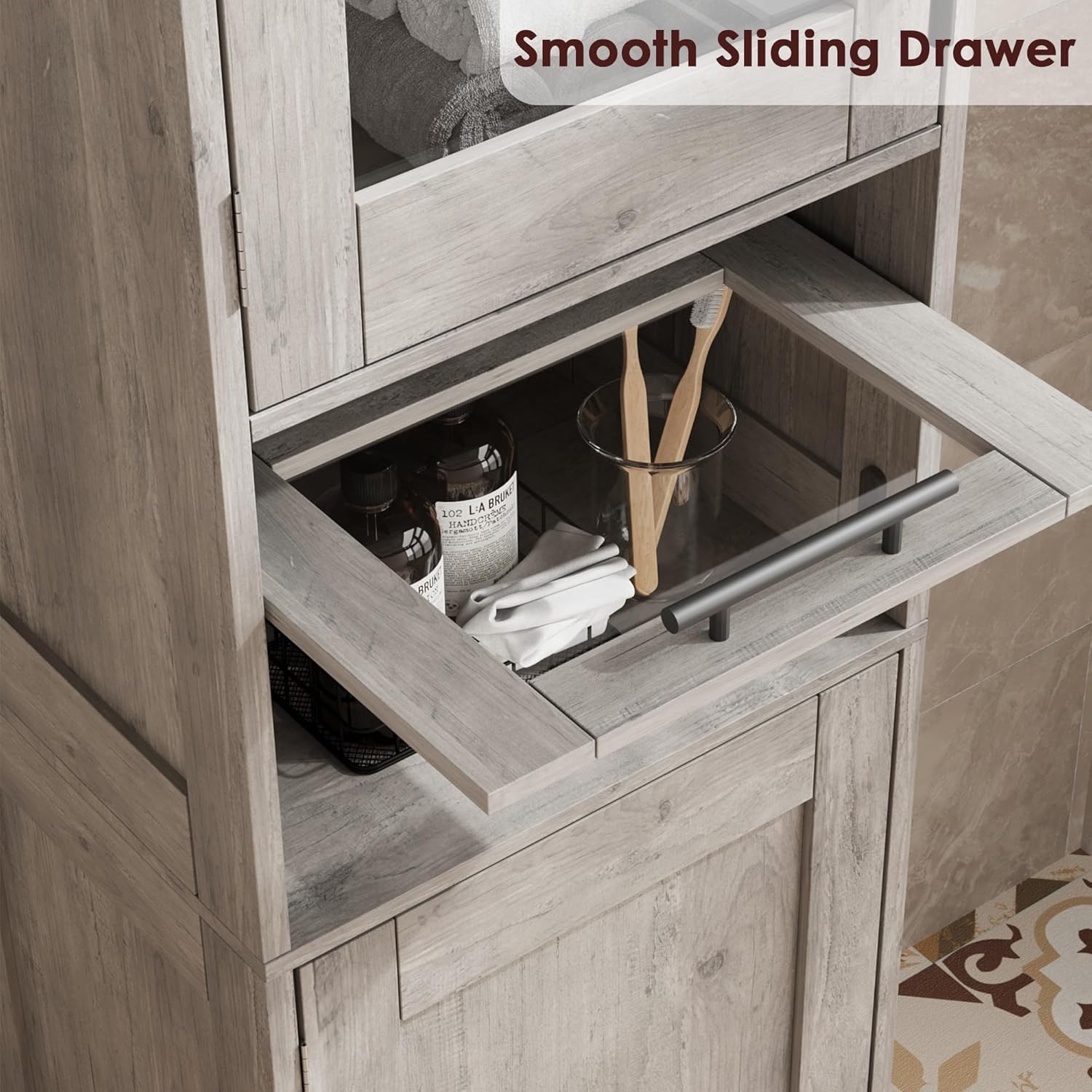 Mobile da bagno alto e stretto Garvee con ripiano regolabile per piccoli spazi, 170 cm, MDF, design moderno, ante con vetro, bianco