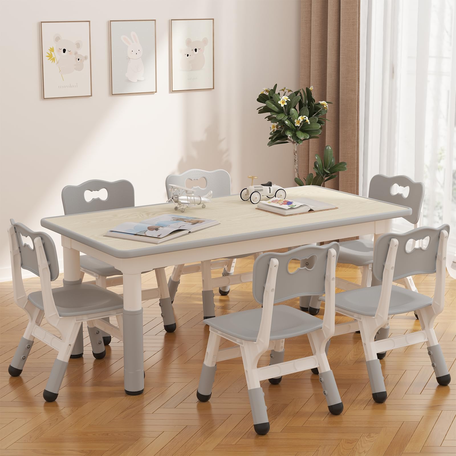 Set tavolo e 6 sedie per bambini Garvee, altezza regolabile, design graffiti, piano del tavolo con gambe antiscivolo, design in legno, per l'asilo e l'uso domestico