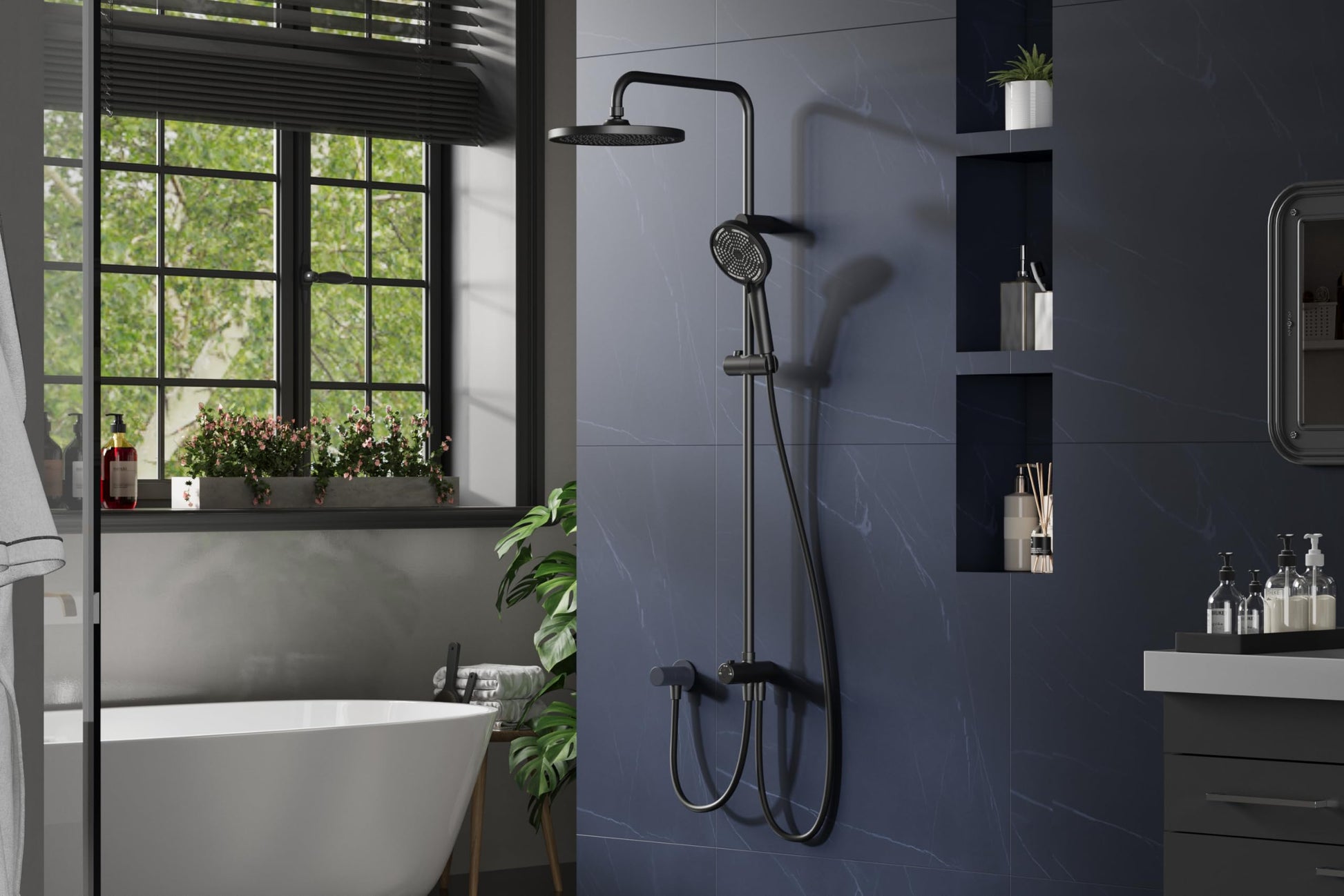 GARVEE Doccia a pioggia senza raccordi – Colonna doccia in acciaio inox nera rotonda 25 cm