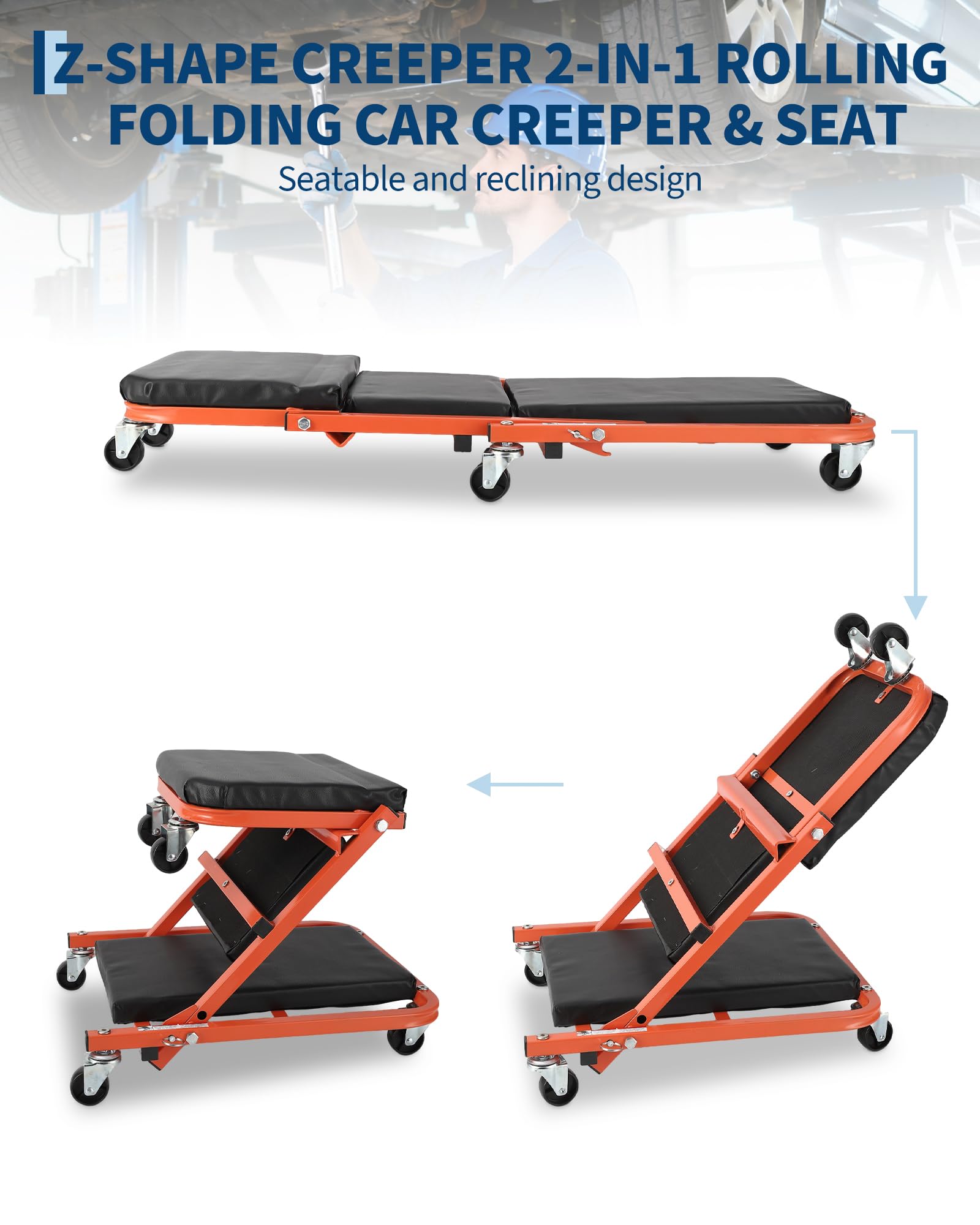 Sedile Garvee Z-Creeper da 36" con ruote, sedile da officina pieghevole 2 in 1, telaio in acciaio, ergonomico, pieghevole, capacità di carico di 330 libbre, nero, per riparazione auto
