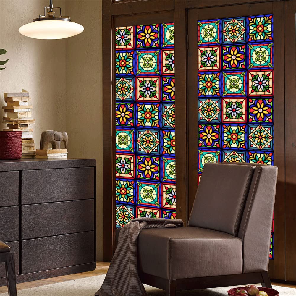 GARVEE Pellicola per vetri colorati Fiori retrò Adesivi statici Non adesivi 60x100 cm Privacy decorativa per casa e ufficio