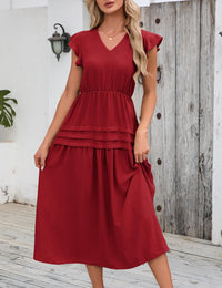 Abito estivo retrò alla moda da donna Garvee con maniche fluenti, elegante, rosso vino, taglia M