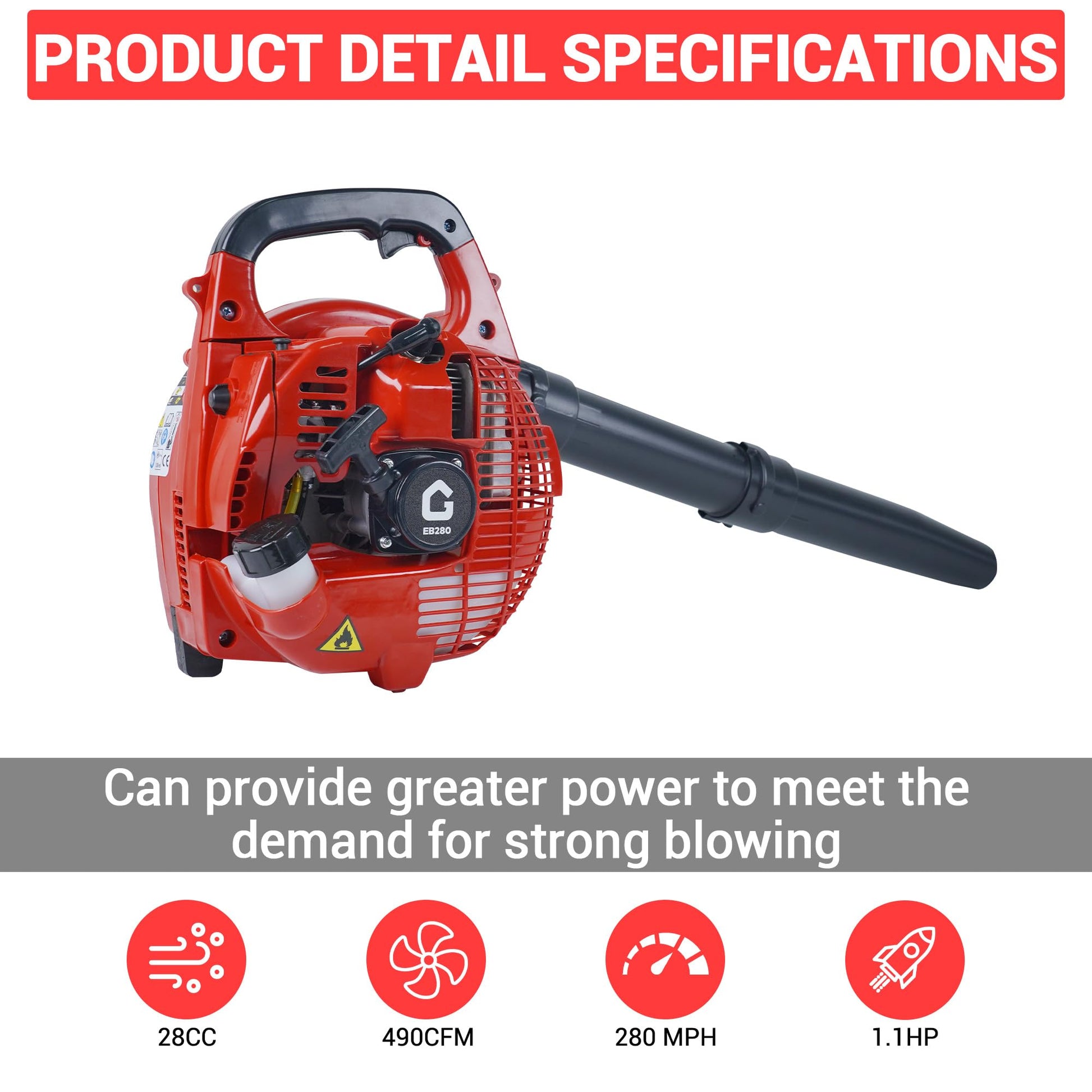 Soffiatore per foglie a benzina portatile Garvee da 28 cc, leggero e potente, per giardino, 1,1 CV, 490 CFM, nero