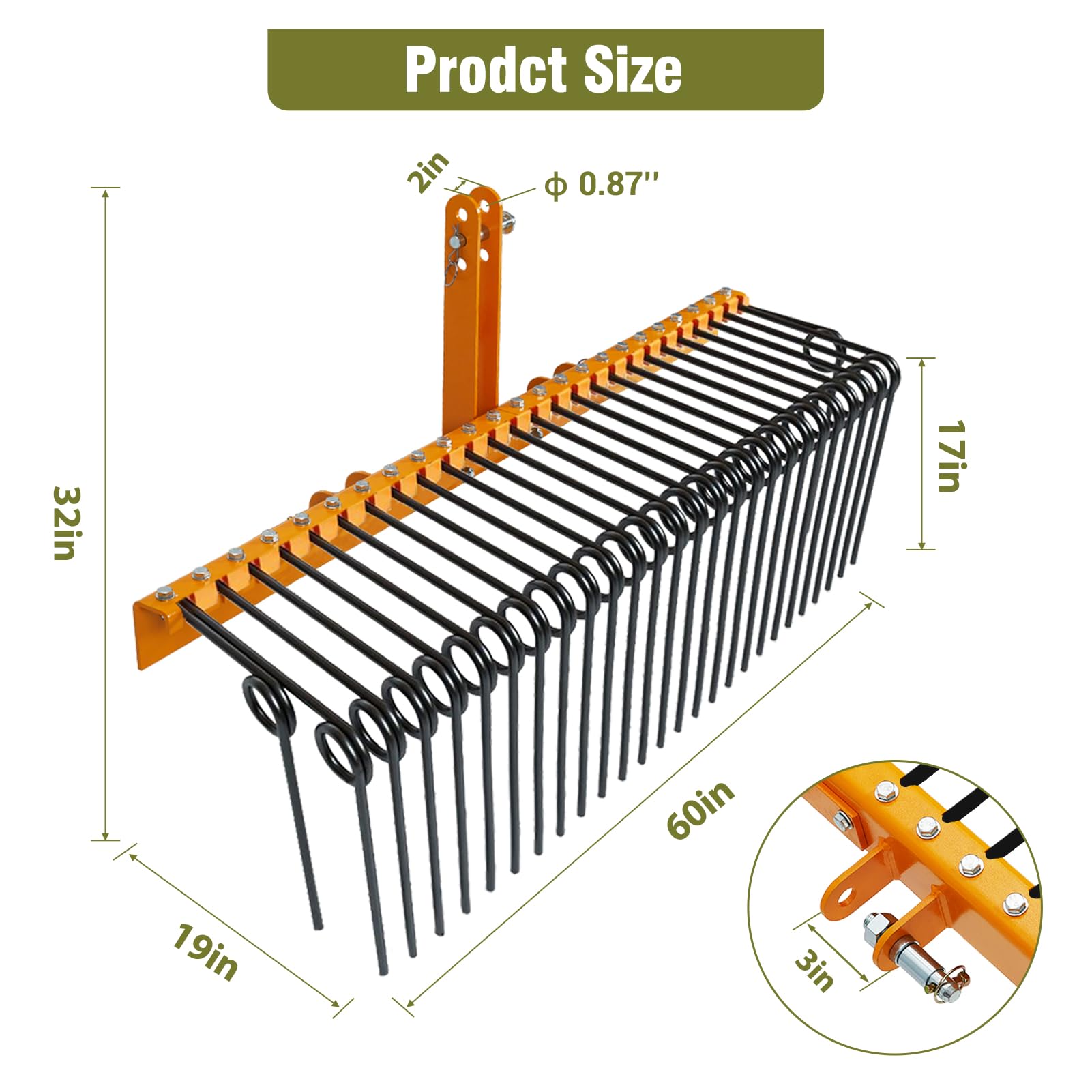 Garvee Rastrello Paesaggistico Heavy Duty 60" con 26 Denti a Molla in Acciaio Verniciato Giallo, Attacco a 3 Punti, Pulizia Giardini e Prati, Universale