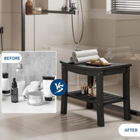 Panca da doccia Garvee in HDPE con ripiano per bagno e vasca, nera, effetto legno, impermeabile, antigraffio