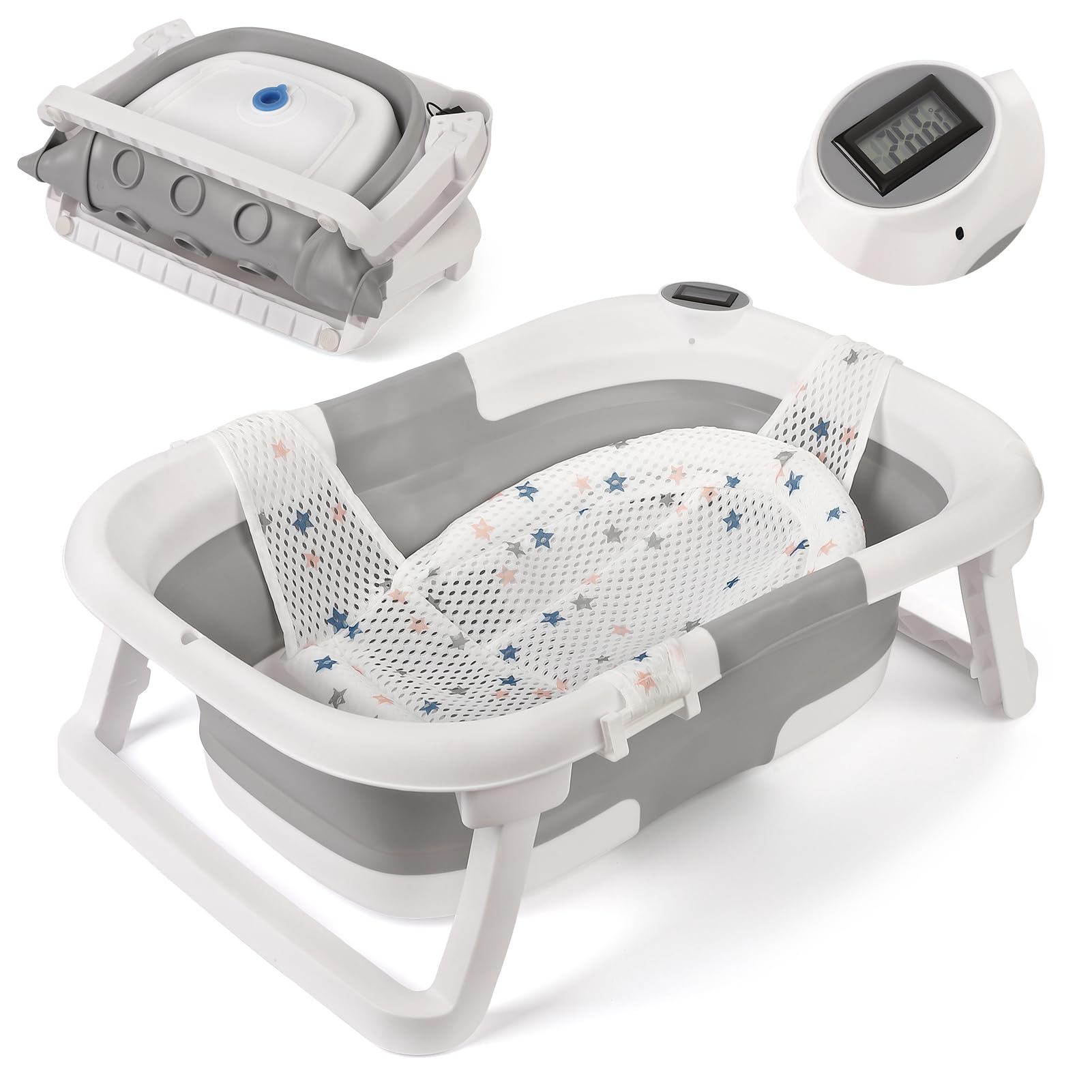GARVEE Vasca da bagno per neonati, pieghevole e salvaspazio, con termometro e tappetino antiscivolo per neonati e bambini piccoli, grigio