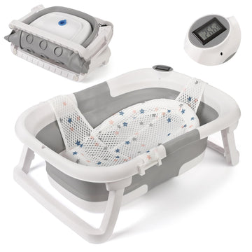 GARVEE Vasca da bagno per neonati, pieghevole e salvaspazio, con termometro e tappetino antiscivolo per neonati e bambini piccoli, grigio