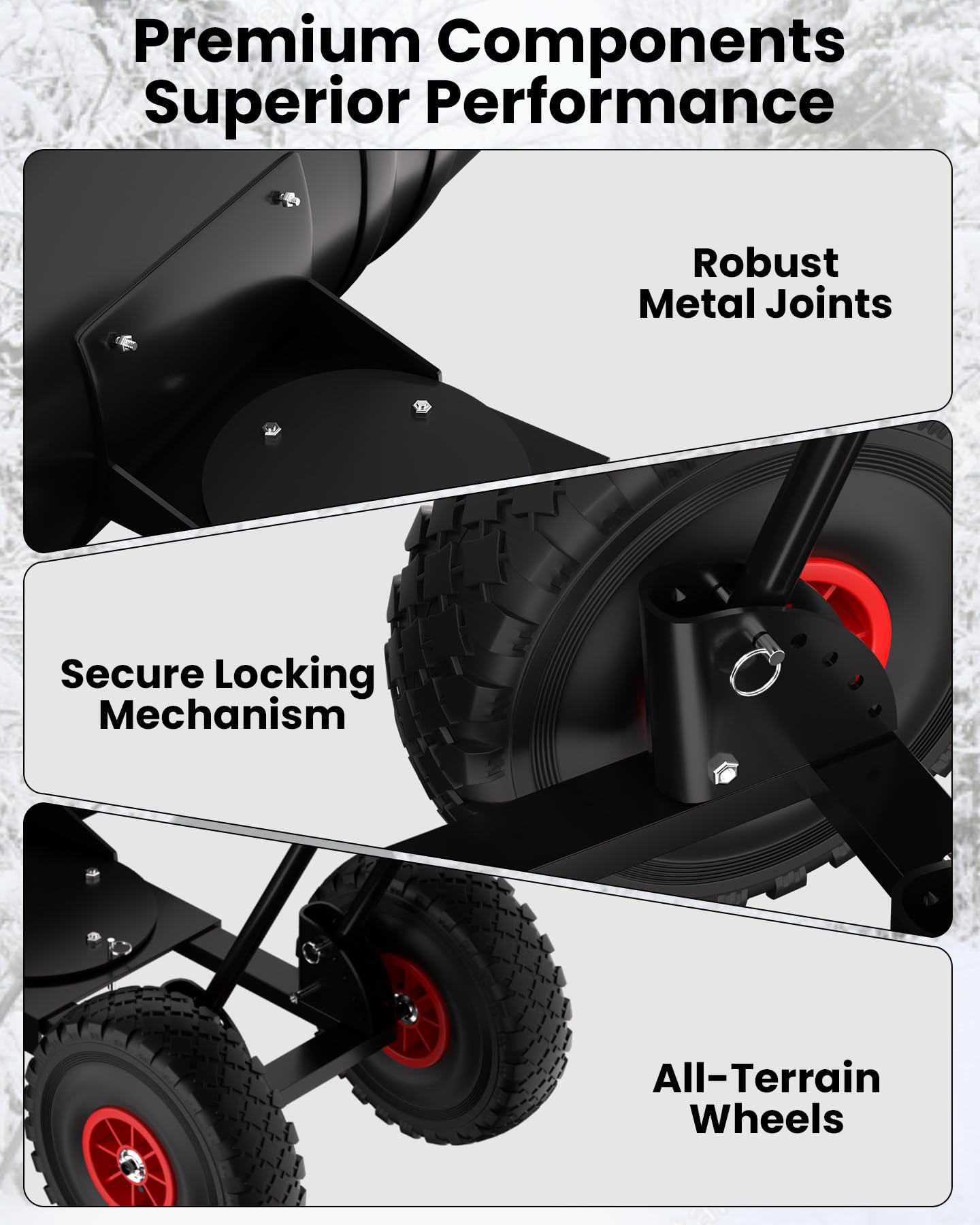 Pala da neve Garvee con ruote, lama in acciaio da 36", regolabile in 7 posizioni, impugnatura ergonomica, protezione in plastica, ruote in gomma da 9,3" per vialetti, robusta ed efficiente