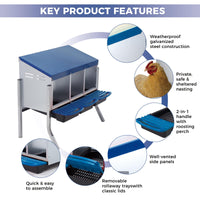 Nido per polli Garvee a 3 fori in acciaio inox con vassoio rimovibile per fattoria e giardino, robusto, facile da pulire, argento