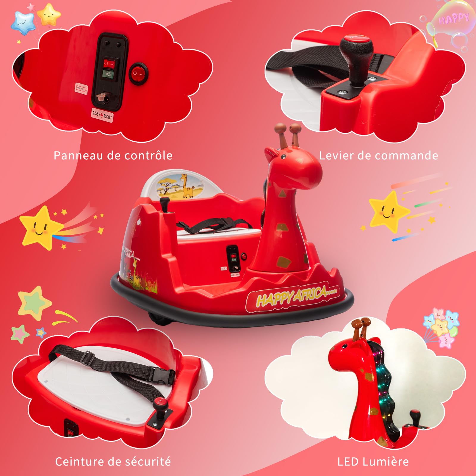 Auto elettrica per bambini Garvee Kids con rotazione a 360°, design a forma di giraffa, rossa con LED, per bambini dai 3 anni in su