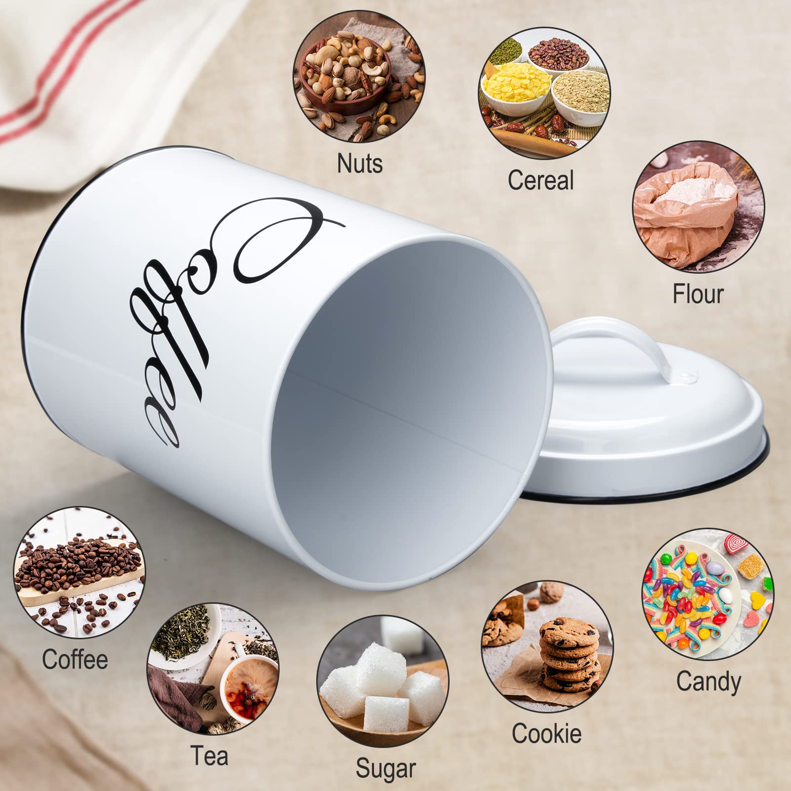 Contenitori per la conservazione Garvee con coperchio, set da 3, contenitori in metallo per caffè, tè e zucchero, bianchi, 1,5 l, ermetici, impilabili