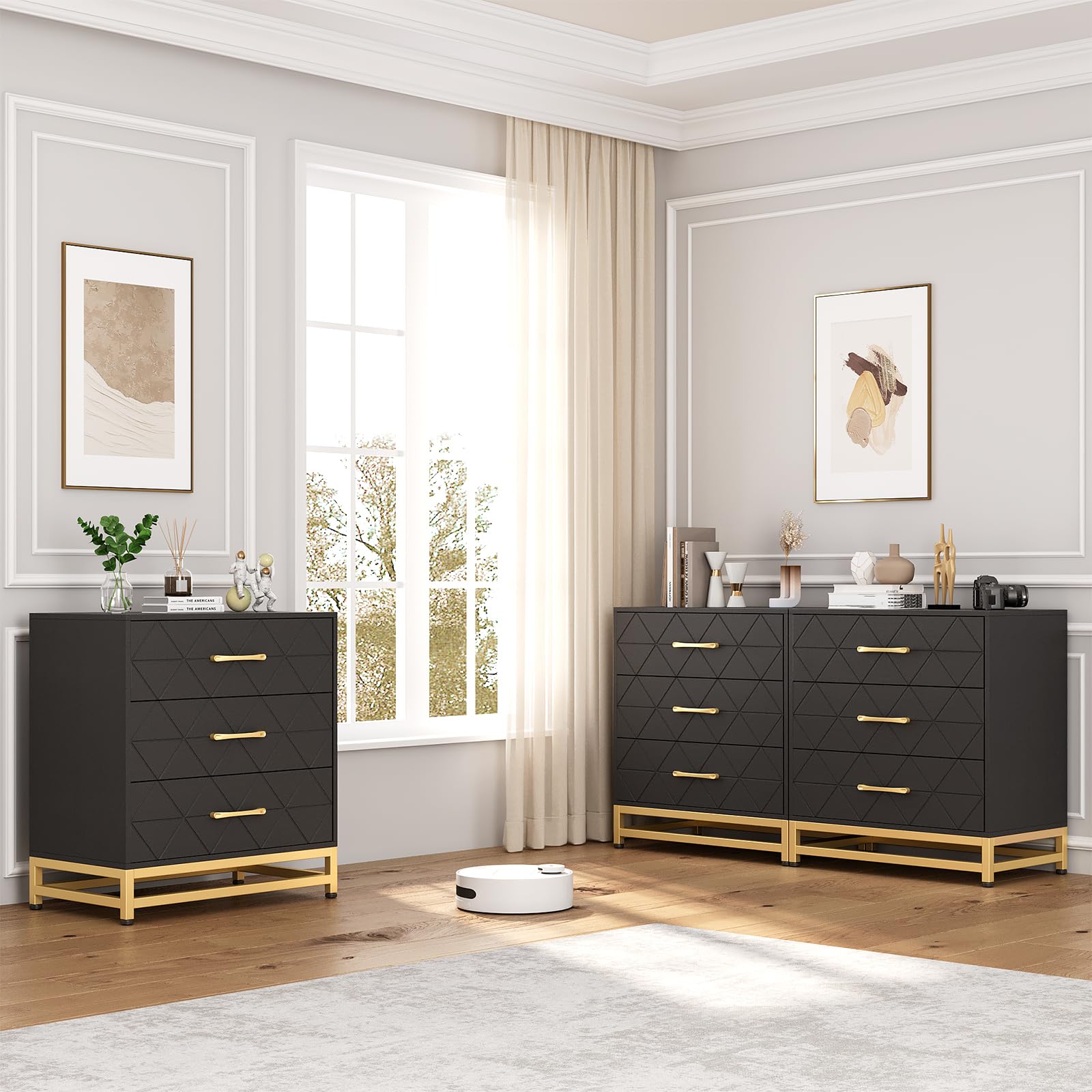 Cassettiera in legno Garvee per camera da letto, 3 cassetti, MDF, nero, moderna, robusta, salvaspazio, soggiorno, corridoio