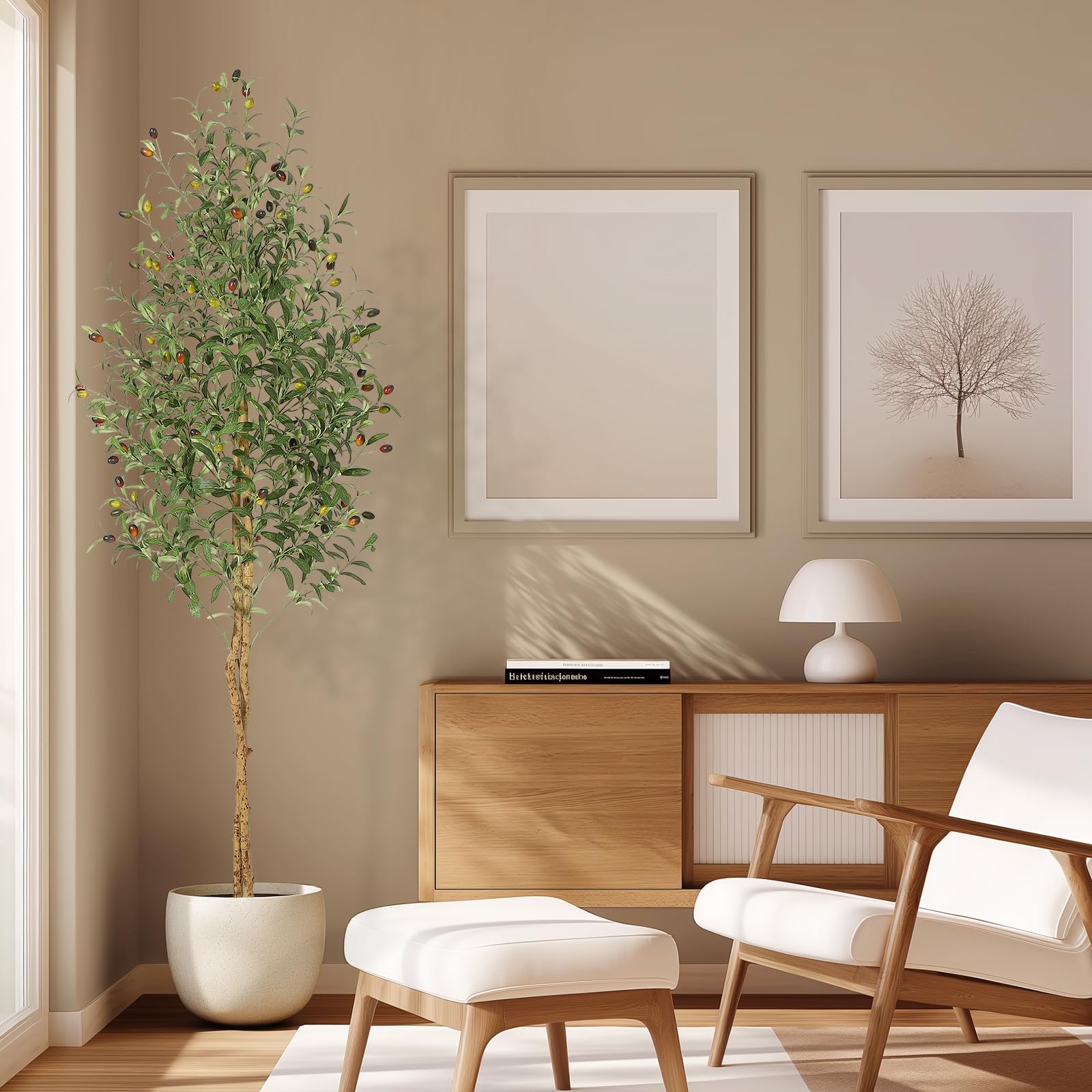 Albero di ulivo artificiale Garvee da 6 piedi con 2 tronchi di legno, vaso in cemento bianco per soggiorno e ufficio, facile da curare