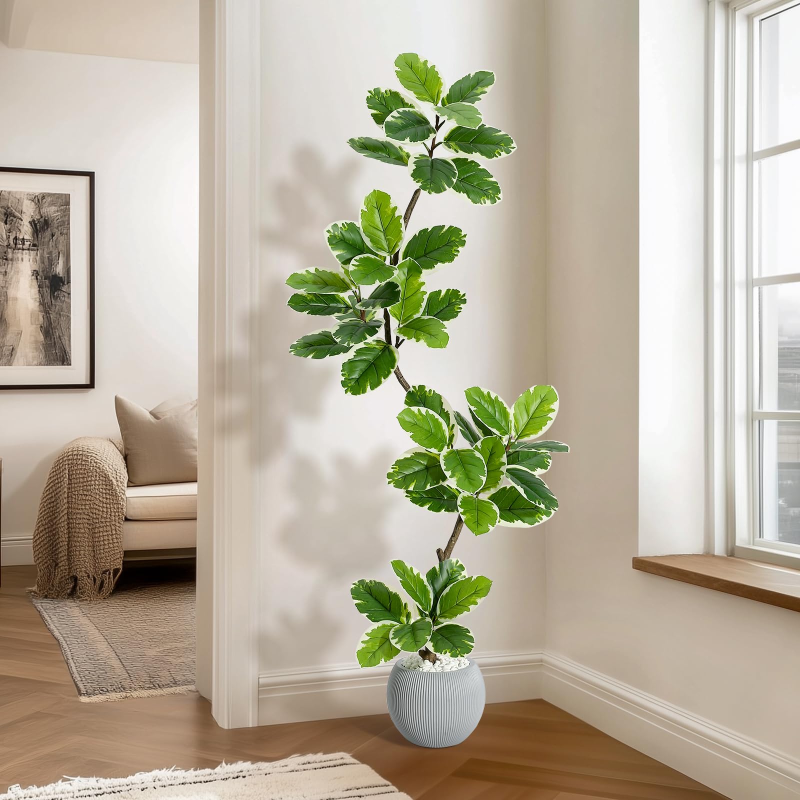 Albero artificiale Garvee Ficus Lyrata da 5 piedi con fioriera a sfera per soggiorno, ufficio, verde, 47 foglie
